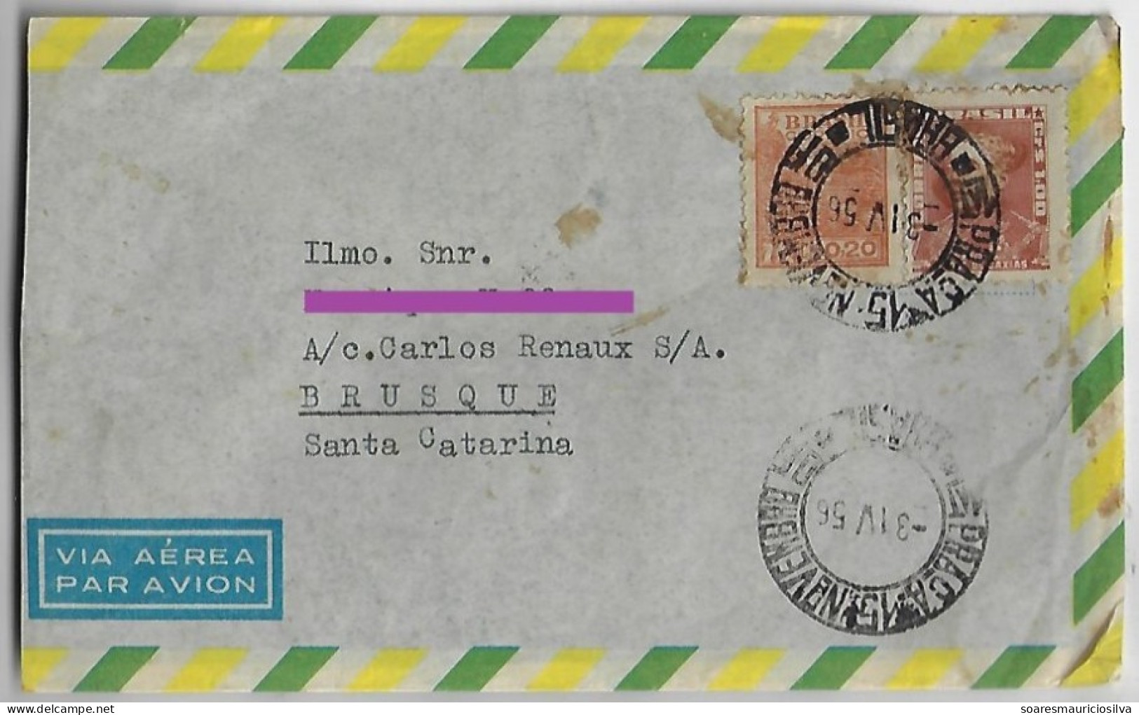 Brazil 1956 Cover From Rio De Janeiro 15 November Square Agency By Blumenau To Brusque 2 Definitive Stamp Caxias Wheat - Storia Postale