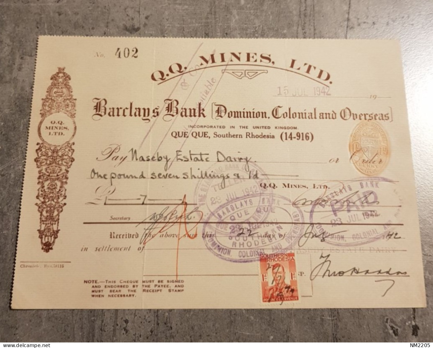 SOUTHERN RHODESIA BARCLAYS DOMINION BANK COLONIAL AND OVERSEAS NO.402 YEAR 1942 - Cheques En Traveller's Cheques