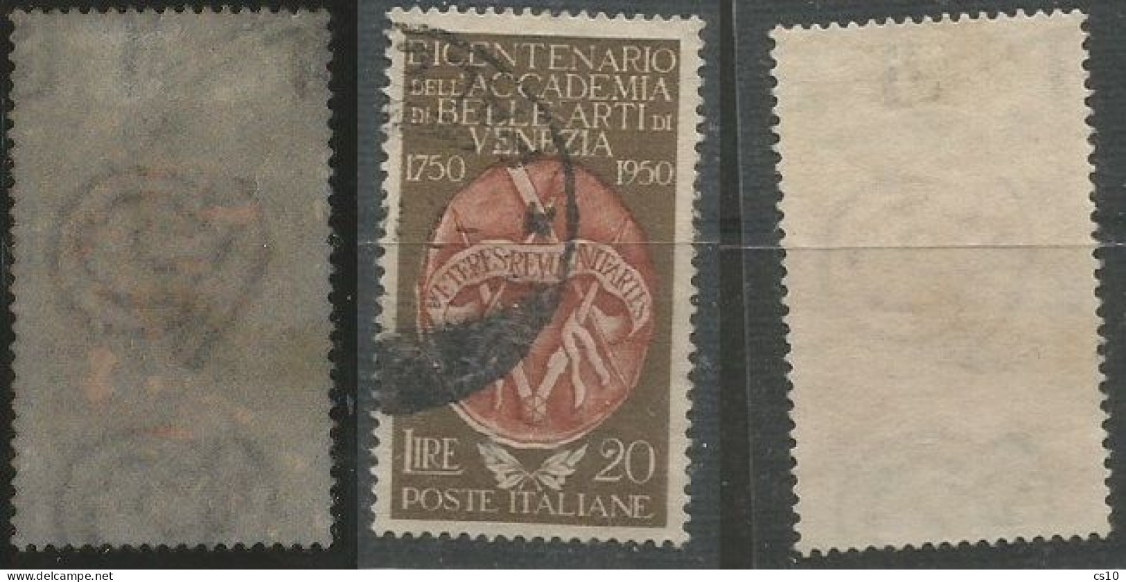 Accademia Venezia 1950 L.20 Usato Filigrana Lettere CPL 100% In Alto - Collections