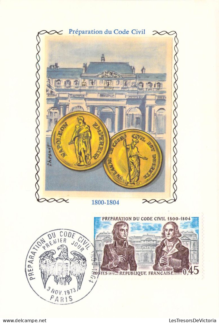 Représentation De Timbre - Tissus - Préparation Du Code Civil 1800-1804 - Premier Jour1973 - Carte Postale Ancienne - Postzegels (afbeeldingen)