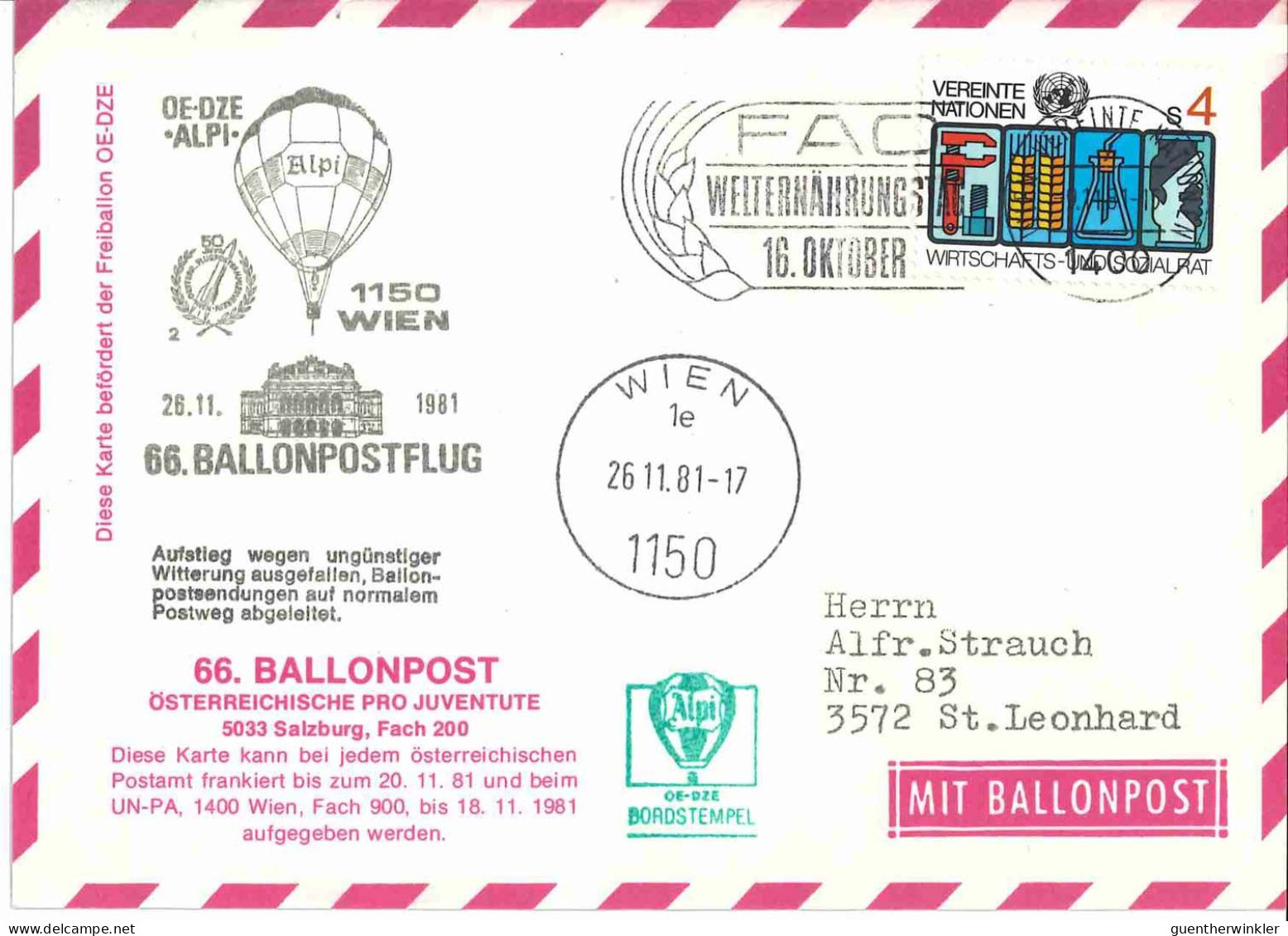 Regulärer Ballonpostflug Nr. 66d Der Pro Juventute [RBP66a] - Par Ballon