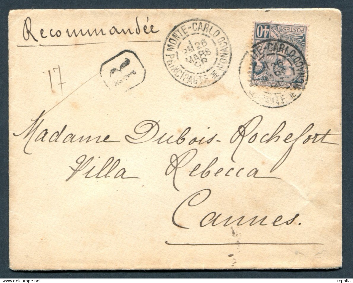 RC 26911 MONACO 1898 - 40c SUR LETTRE RECOMMANDÉE DE MONTÉ CARLO POUR CANNES - Briefe U. Dokumente