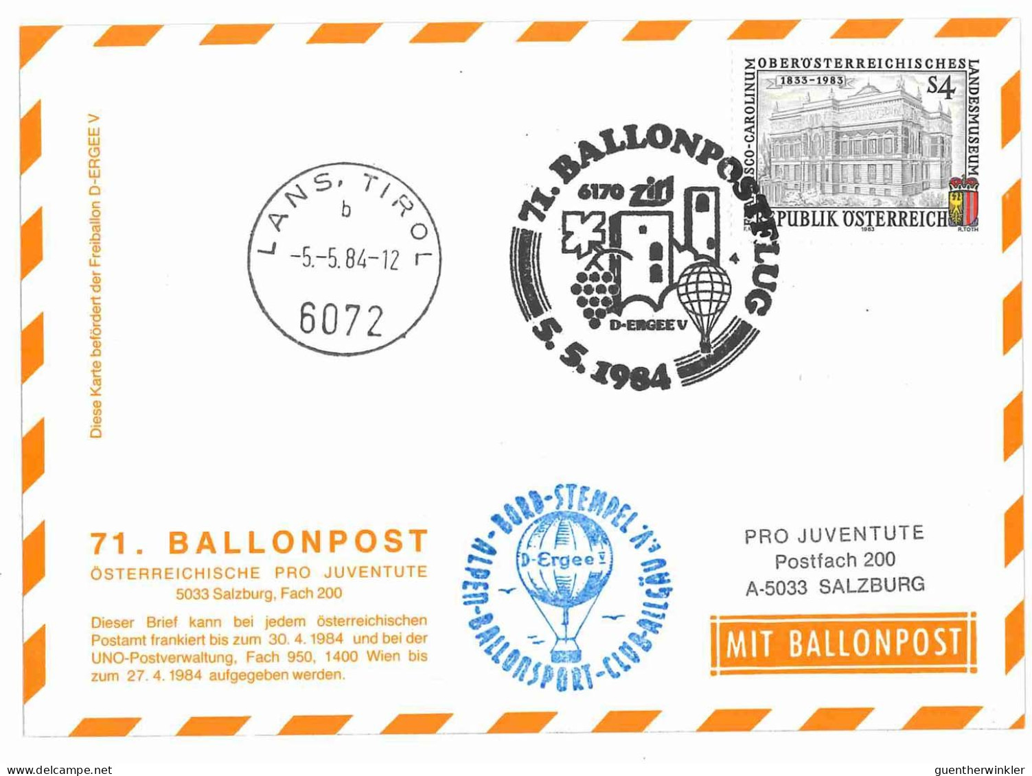 Regulärer Ballonpostflug Nr. 71c Der Pro Juventute [RBP71c] - Balloon Covers