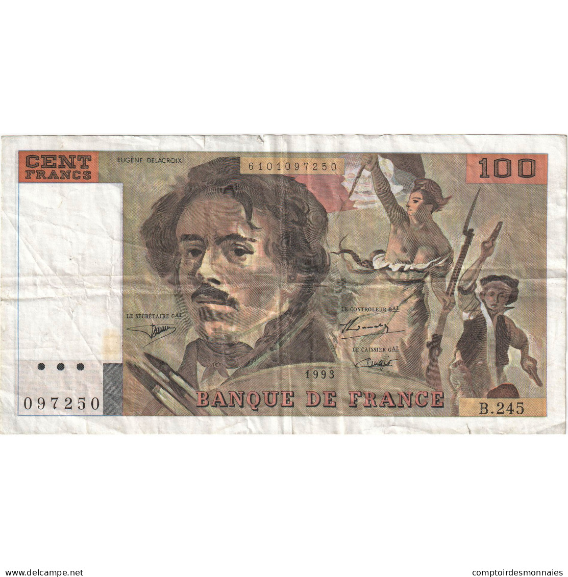 France, 100 Francs, Delacroix, 1993, B.245, B+, Fayette:69bis.8, KM:154g - 100 F 1978-1995 ''Delacroix''