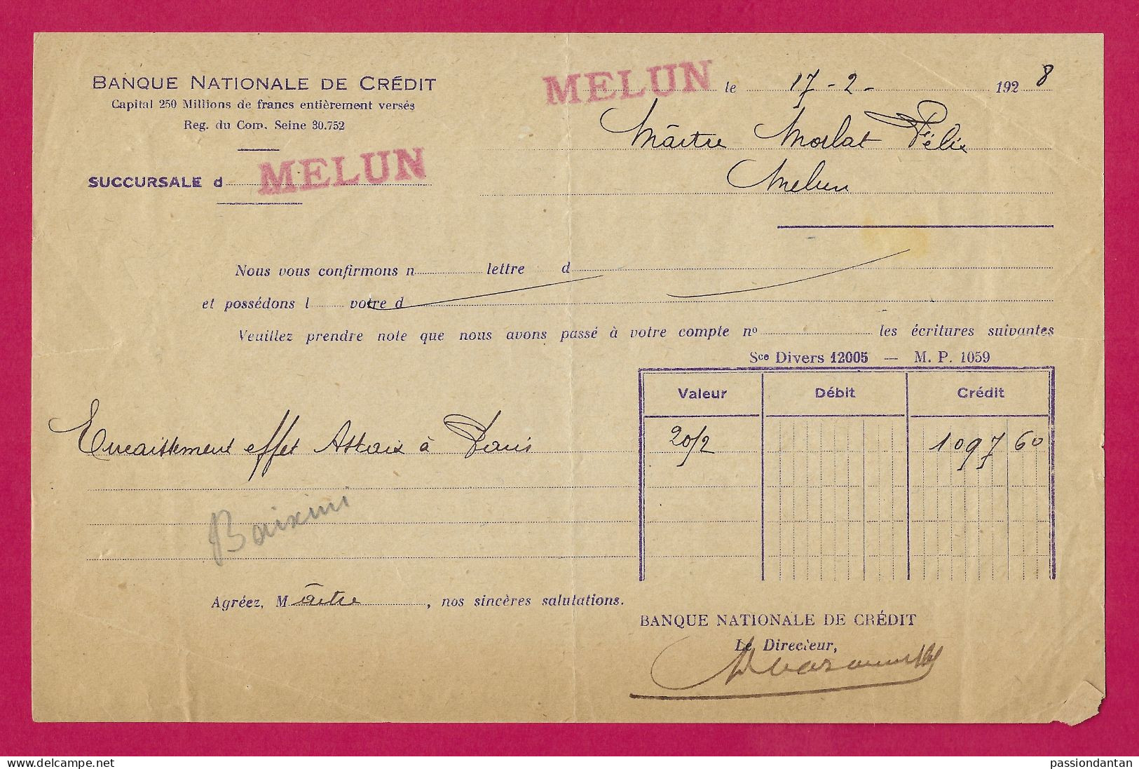 Document Daté Du 17 Février 1928 - Banque Nationale De Crédit - Agence De Melun En Seine Et Marne - Bank En Verzekering