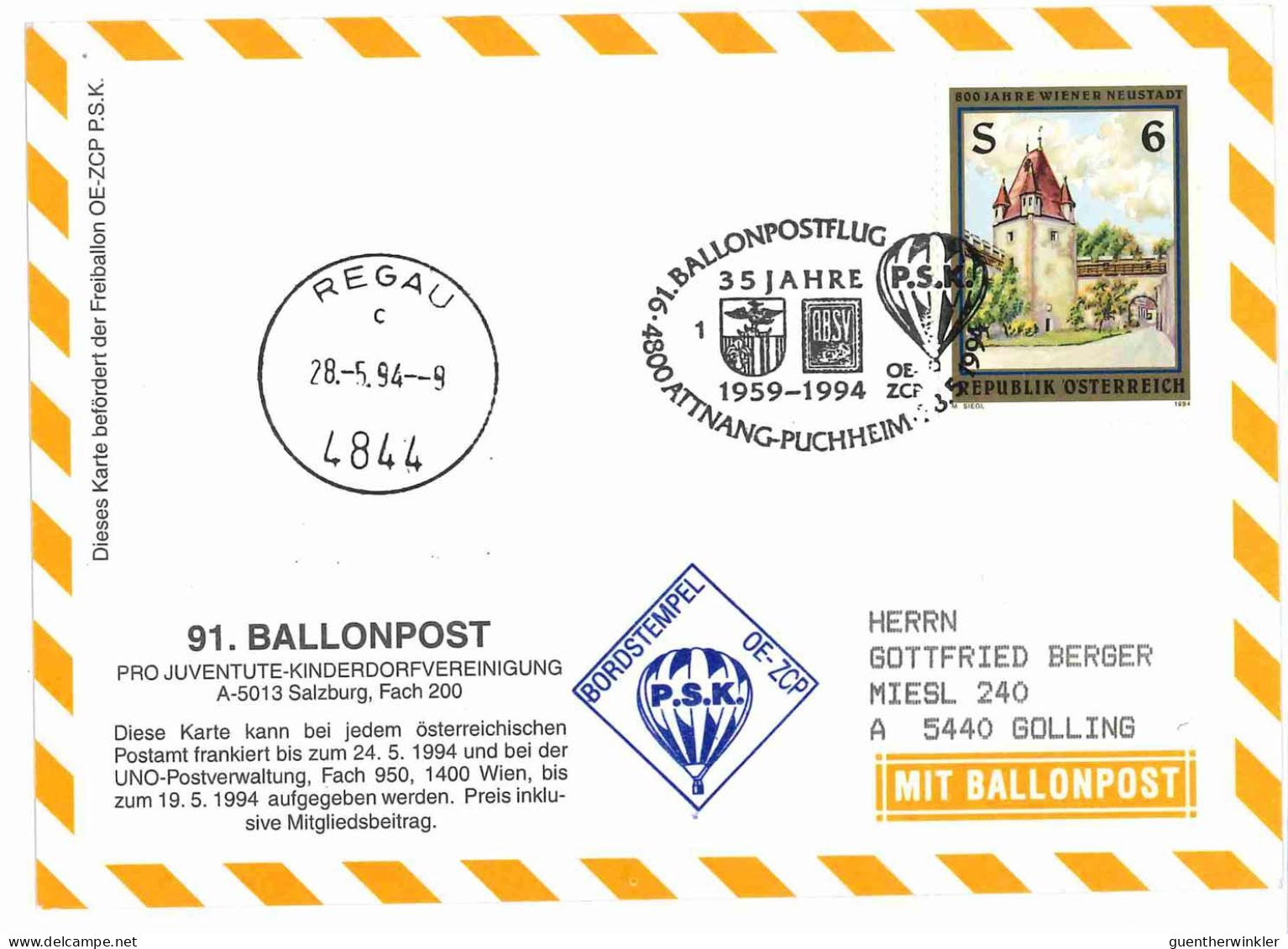 Regulärer Ballonpostflug Nr. 91c Der Pro Juventute [RBP91b] - Par Ballon