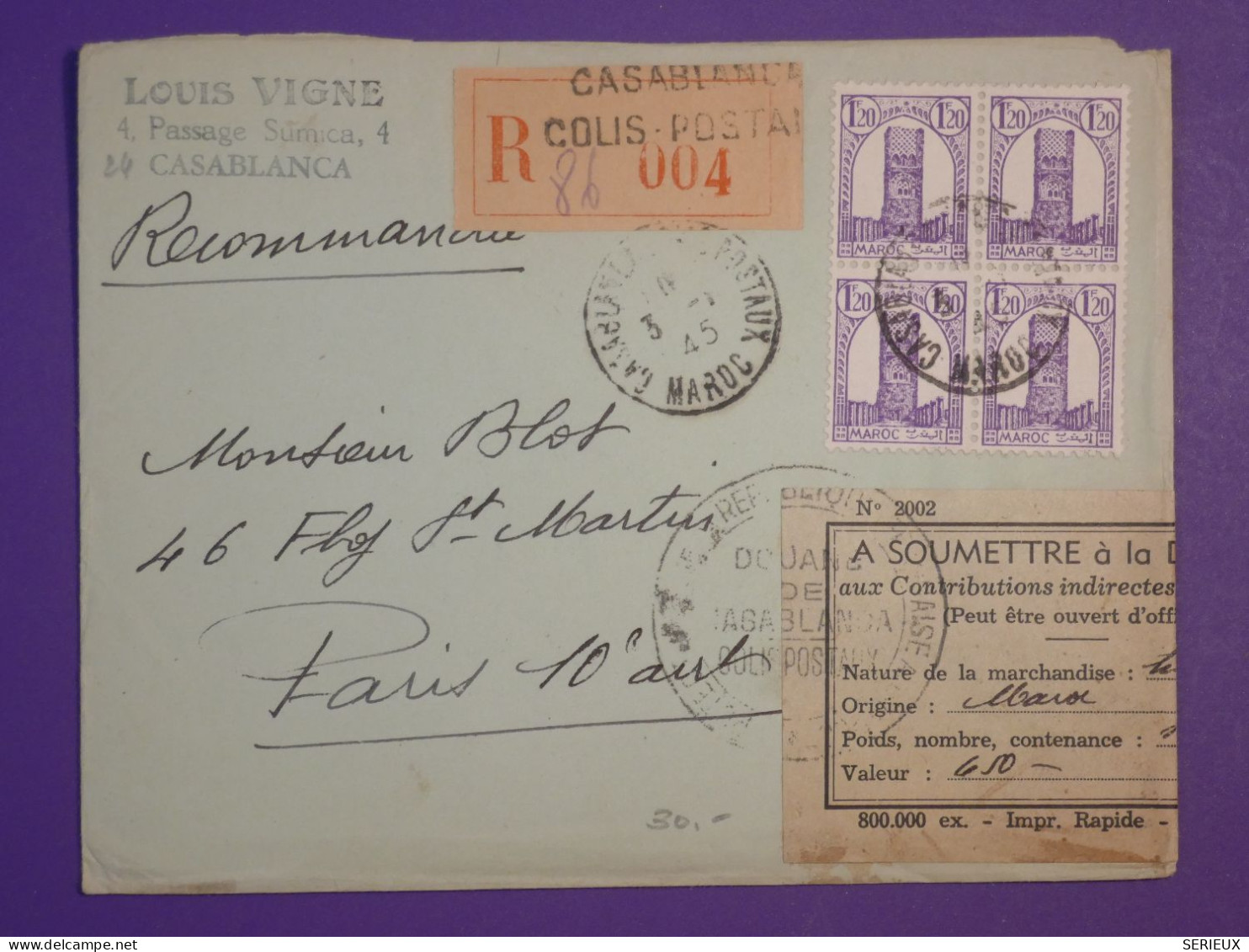 DH2 MAROC    BELLE LETTRE RECO. RARE DOUANE  1945  CASABLANCA A PARIS FRANCE  +BLOC DE 4 TP   +AFF. INTERESSANT+++ - Storia Postale