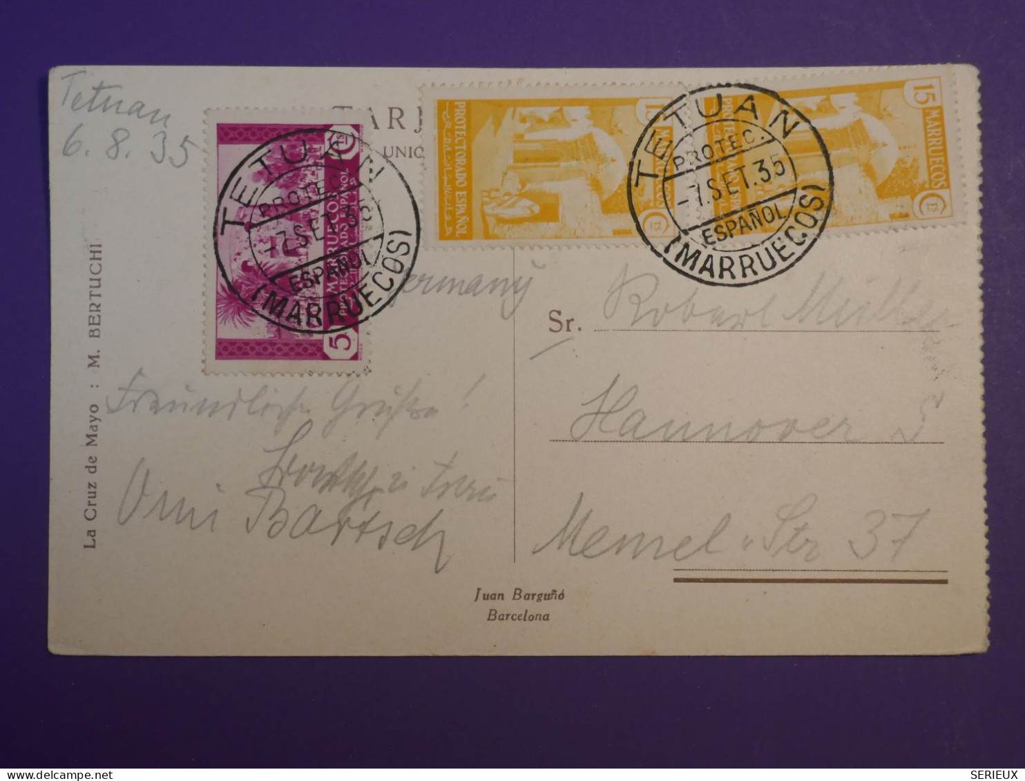 DH2 MAROC   ESPAGNOL   BELLE CARTE    1935 TETUAN A HANNOVER GERMANY ++ +AFF. INTERESSANT+++ - Marocco Spagnolo