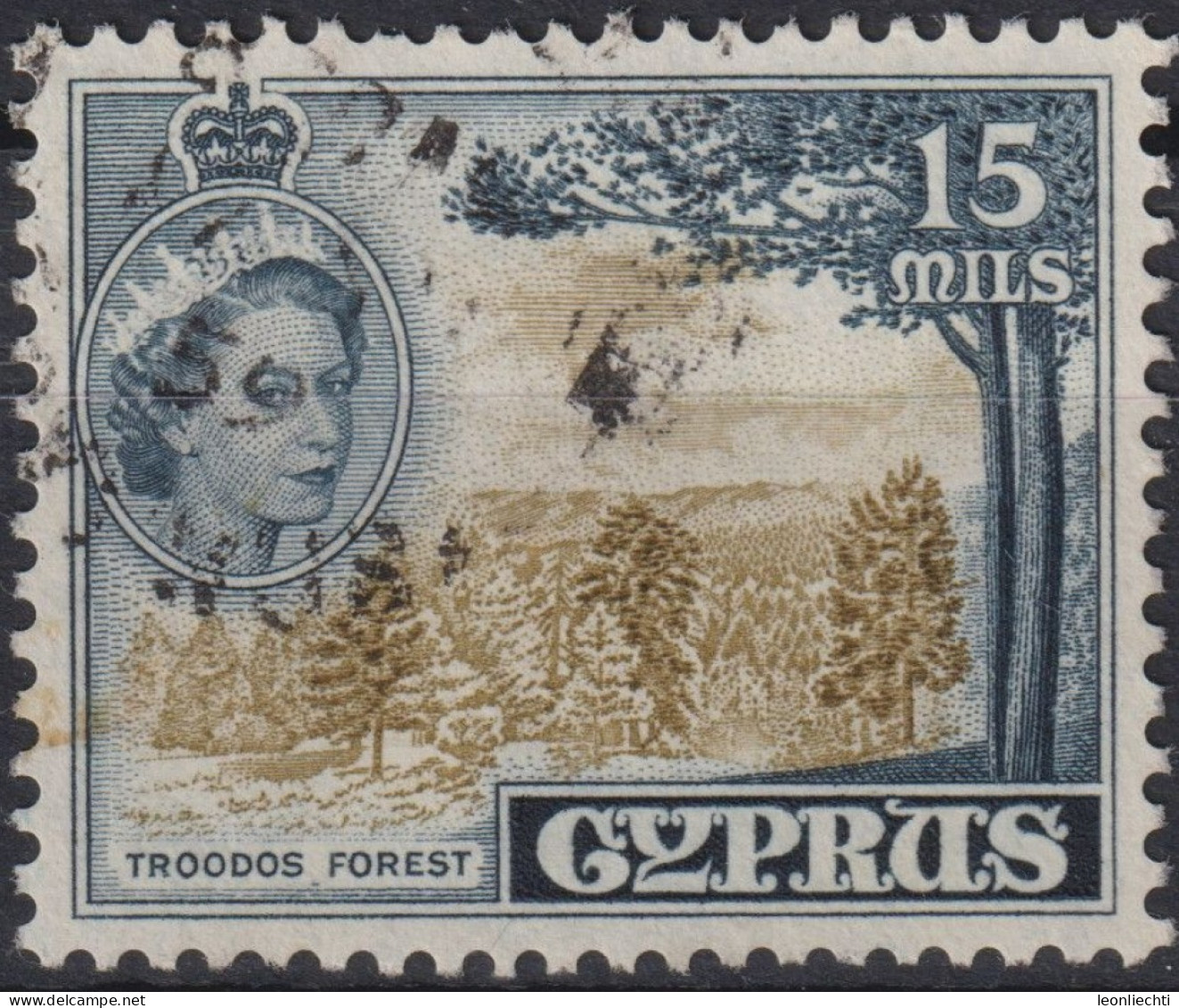 1955 Zypern (...-1960) ° Mi:CY 168a, Sn:CY 172, Yt:CY 160, Queen Elizabeth II & Troodos Forest - Cyprus (...-1960)