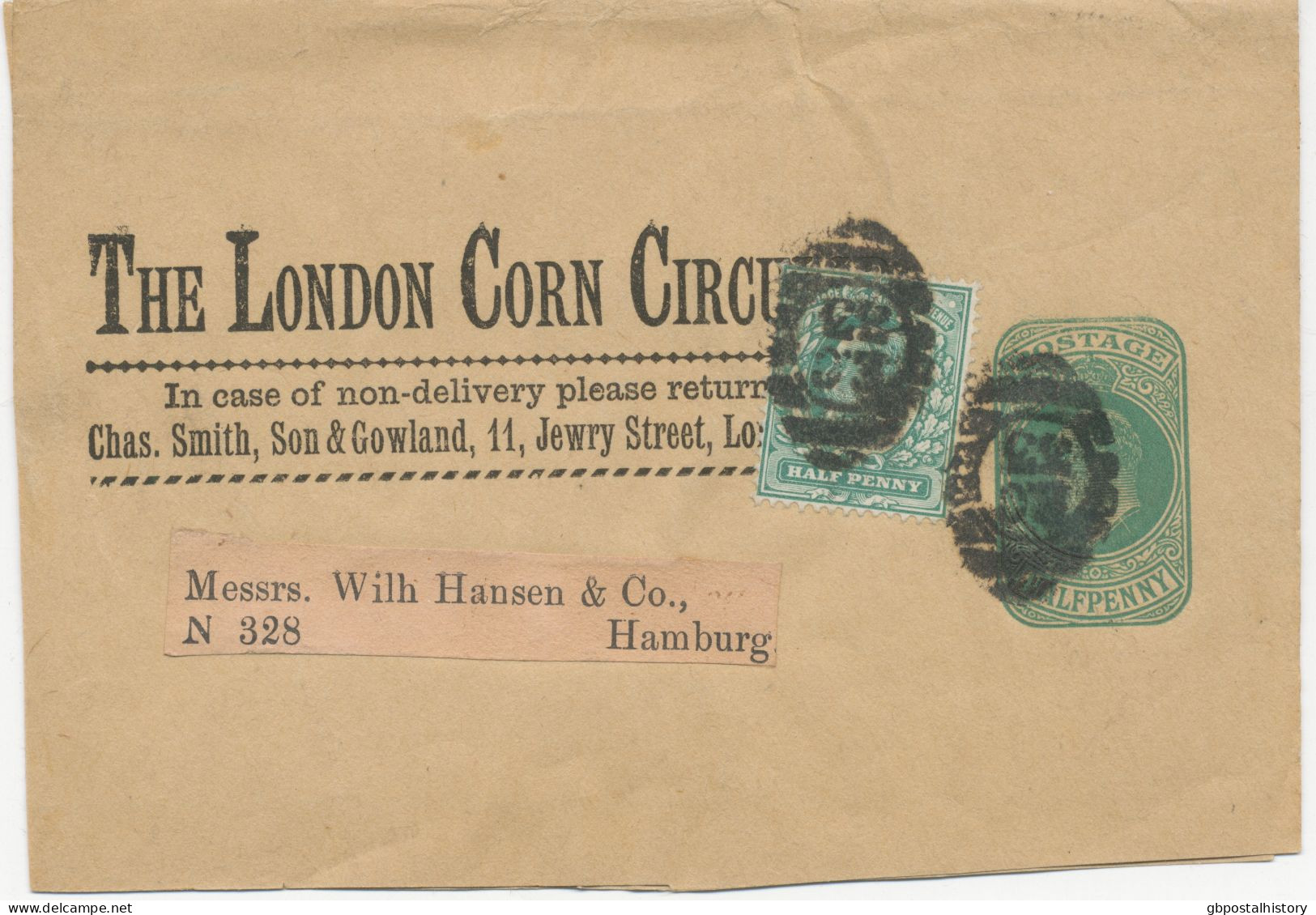 GB 1902?, EVII ½d Blue-green Very Fine Stamped To Order Wrapper (WS8, The London Corn Circuit) Uprated  W. ½d Blue-green - Cartas & Documentos