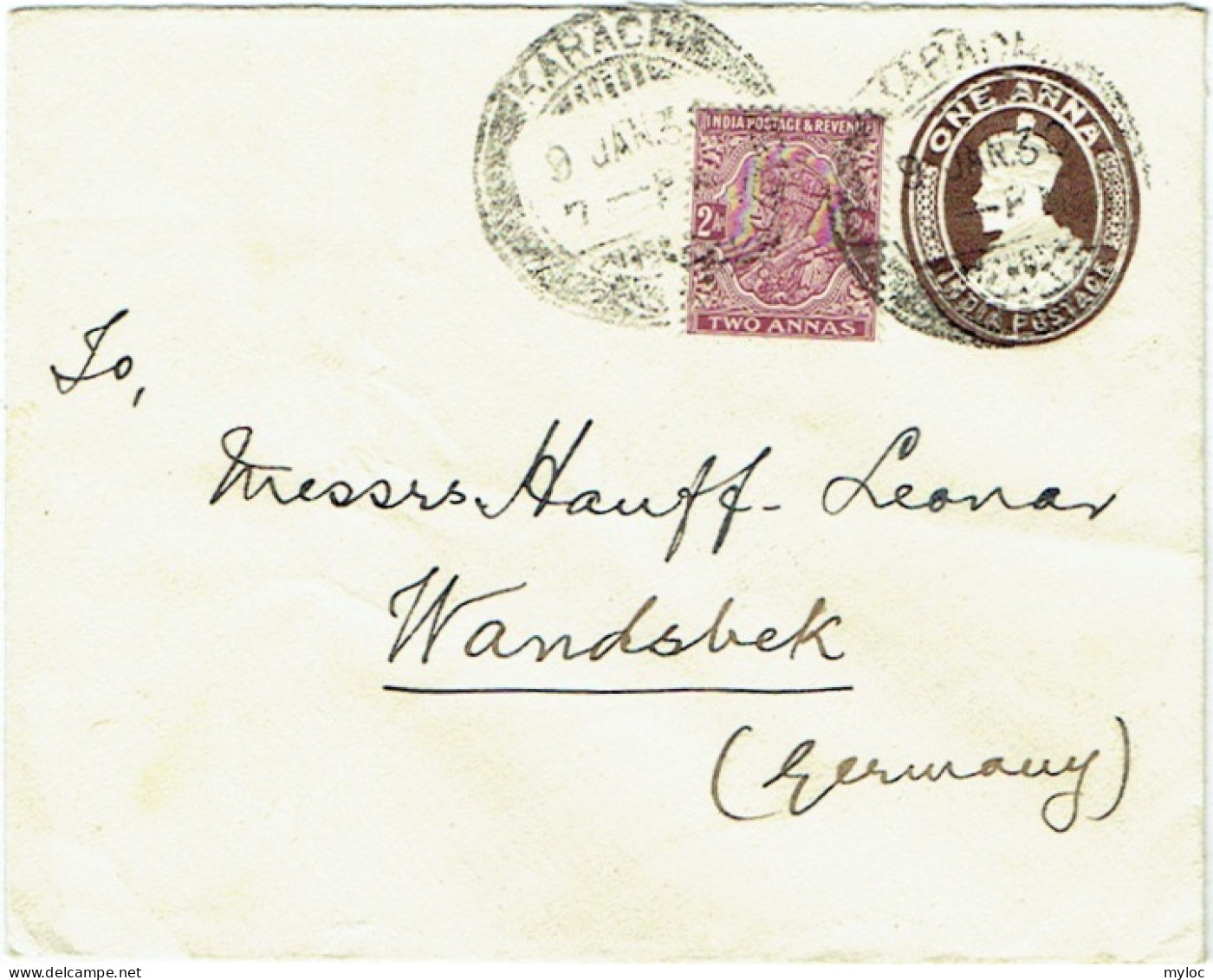 Enveloppe One Anna India Postage Avec Timbre Two Annas. Karachi To Wandsbek (Germany). - Enveloppes