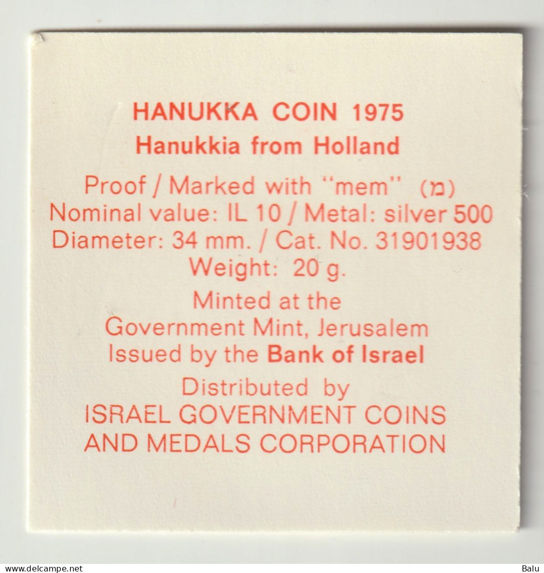 Israel 1975 IL 10, Hanukka, Silver 500, Proof, 34mm, 20 G. In Originalverpackung, 10 Lirot - Israel