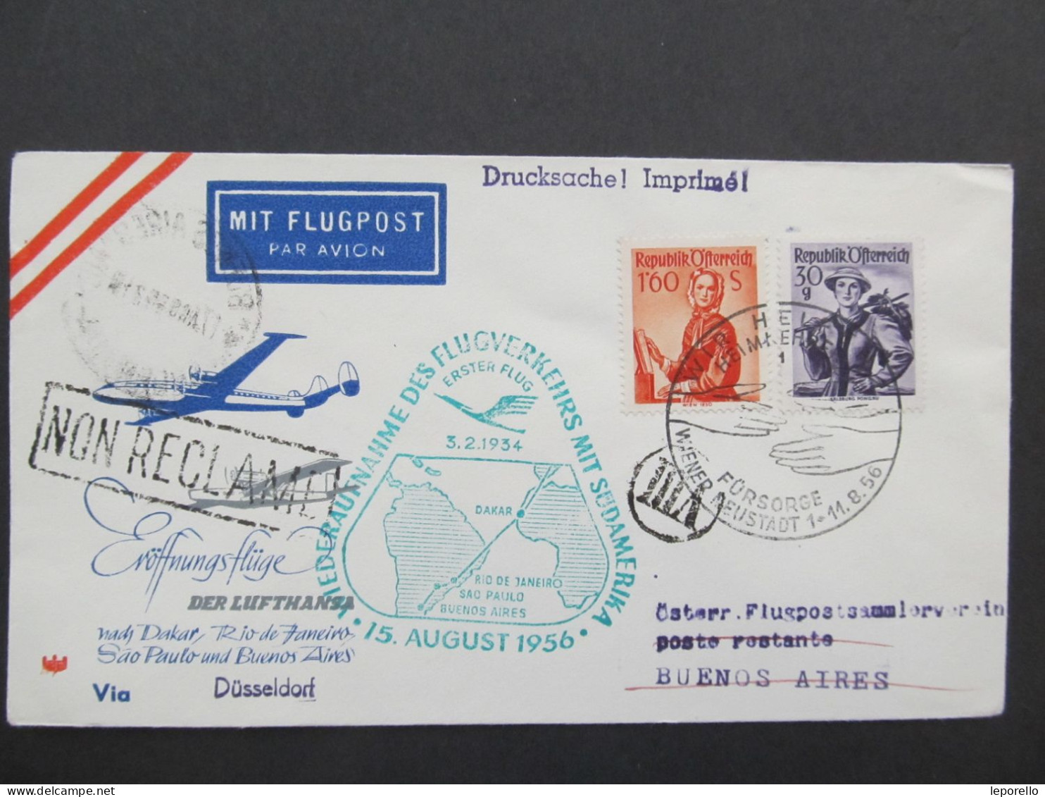 BRIEF Flugpost Ballonpost Wiener Neustadt 1956 - Buenos Aires  Lufthansa /// P1600 - Premiers Vols