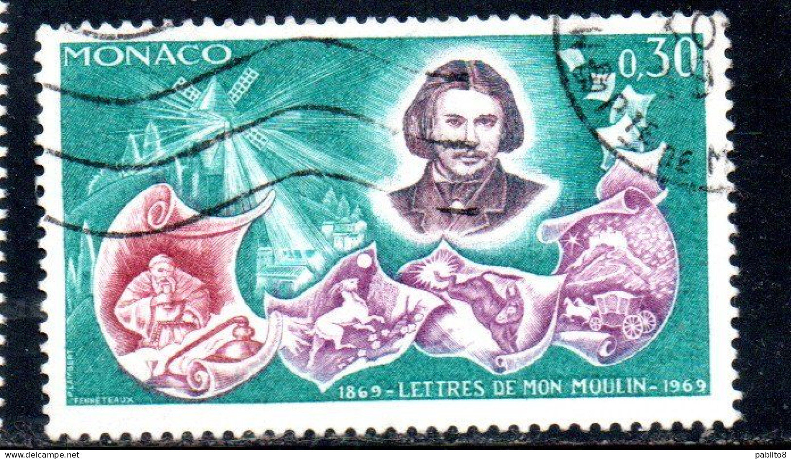 MONACO 1969 ALPHONSE DAUDET AND SCENES LETTERS FROM MY WINDMIL 30c USED USATO OBLITERE' - Used Stamps