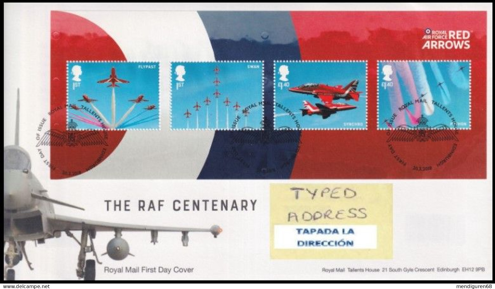 GROSSBRITANNIEN GRANDE BRETAGNE GB 2018 M/S THE RAF CENTENARY FDC SG MS4064 MI B113-4185-88 YT F4590-93 SC 3713SH - 2011-2020 Dezimalausgaben