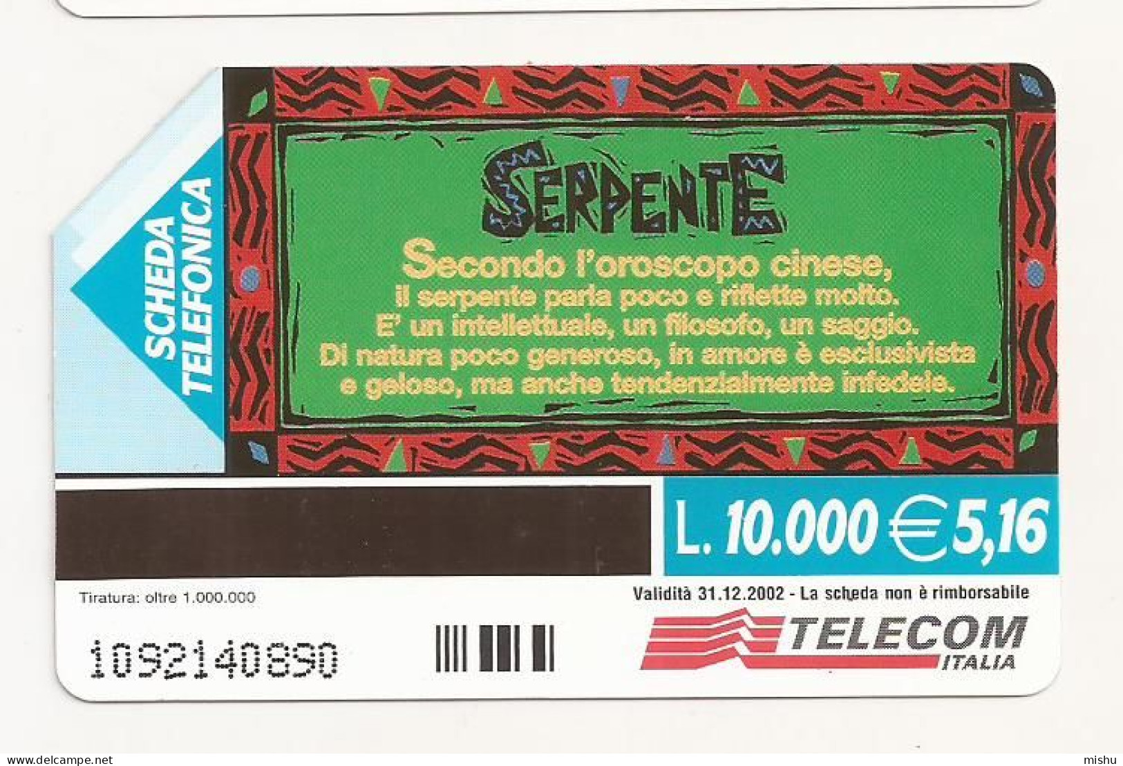 CT2 - Italy Phonecard - Telecom Italia  - 10000 Lire - Secondo L'oroscopo Cinese - Serpente - Altri & Non Classificati