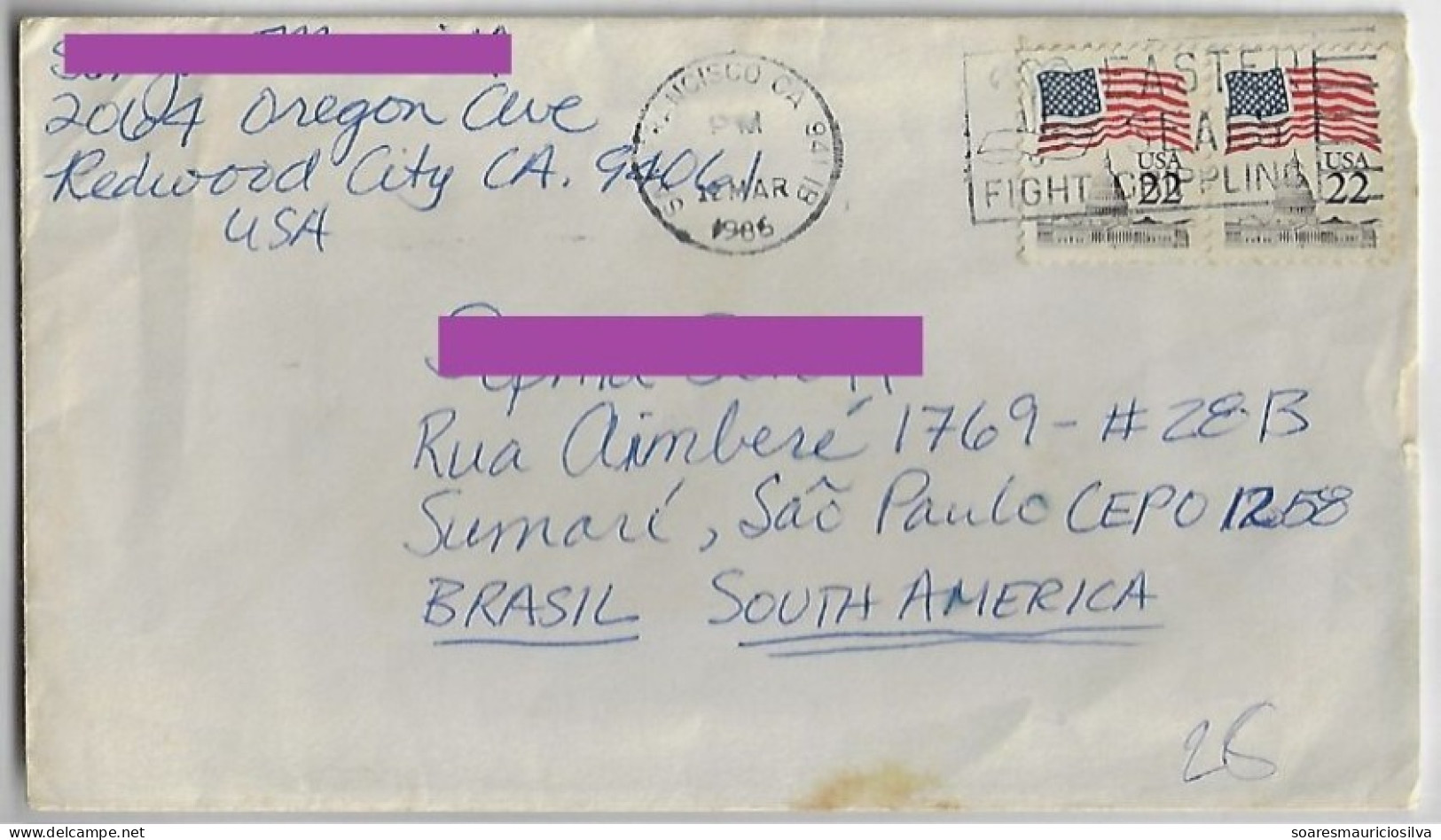 USA 1986 Cover San Francisco To Brazil Pair Of Stamp Flag Over Capitol Dome Slogan Cancel Easter Seals Fight Crippling - Storia Postale