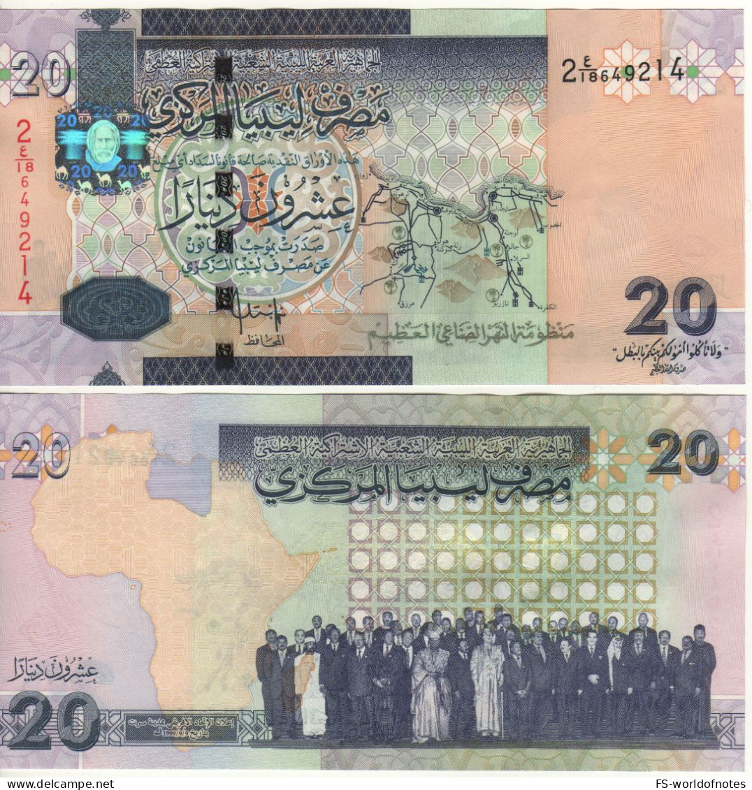 LIBYA  20 Dinars   P74    ND  2009  ( Map Of Libya  + Ghaddafi With African Leaders, 1999  )    UNC - Libye