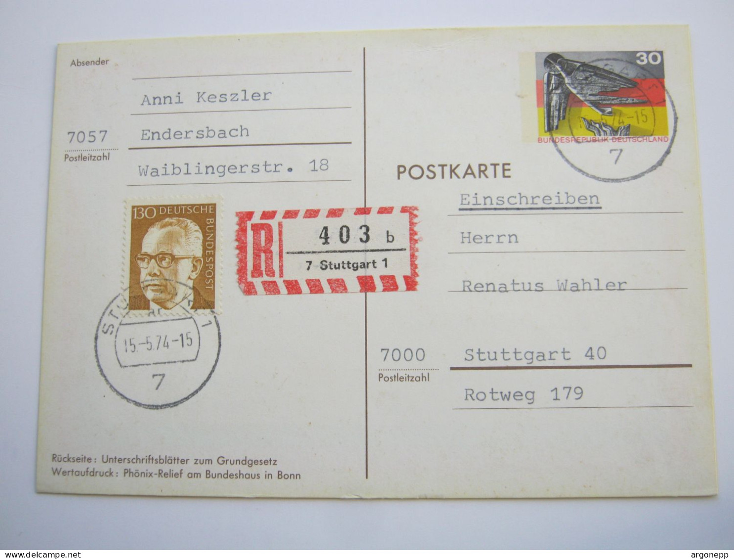 1974 , 30 Pfg. BRD Als Einschreiben Mit Zusatzfrankatur Aus Stuttgart - Postcards - Used