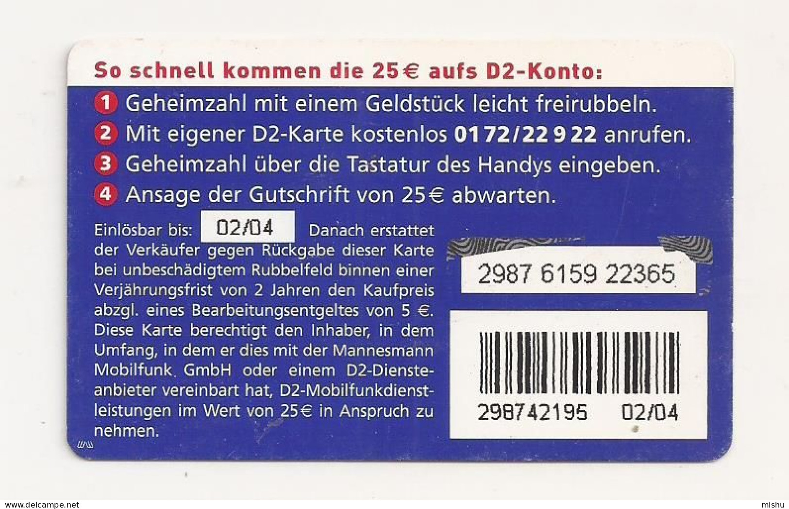CT2 - Germany Phonecard - D2 Vodafone 25 Euro - GSM, Cartes Prepayées & Recharges