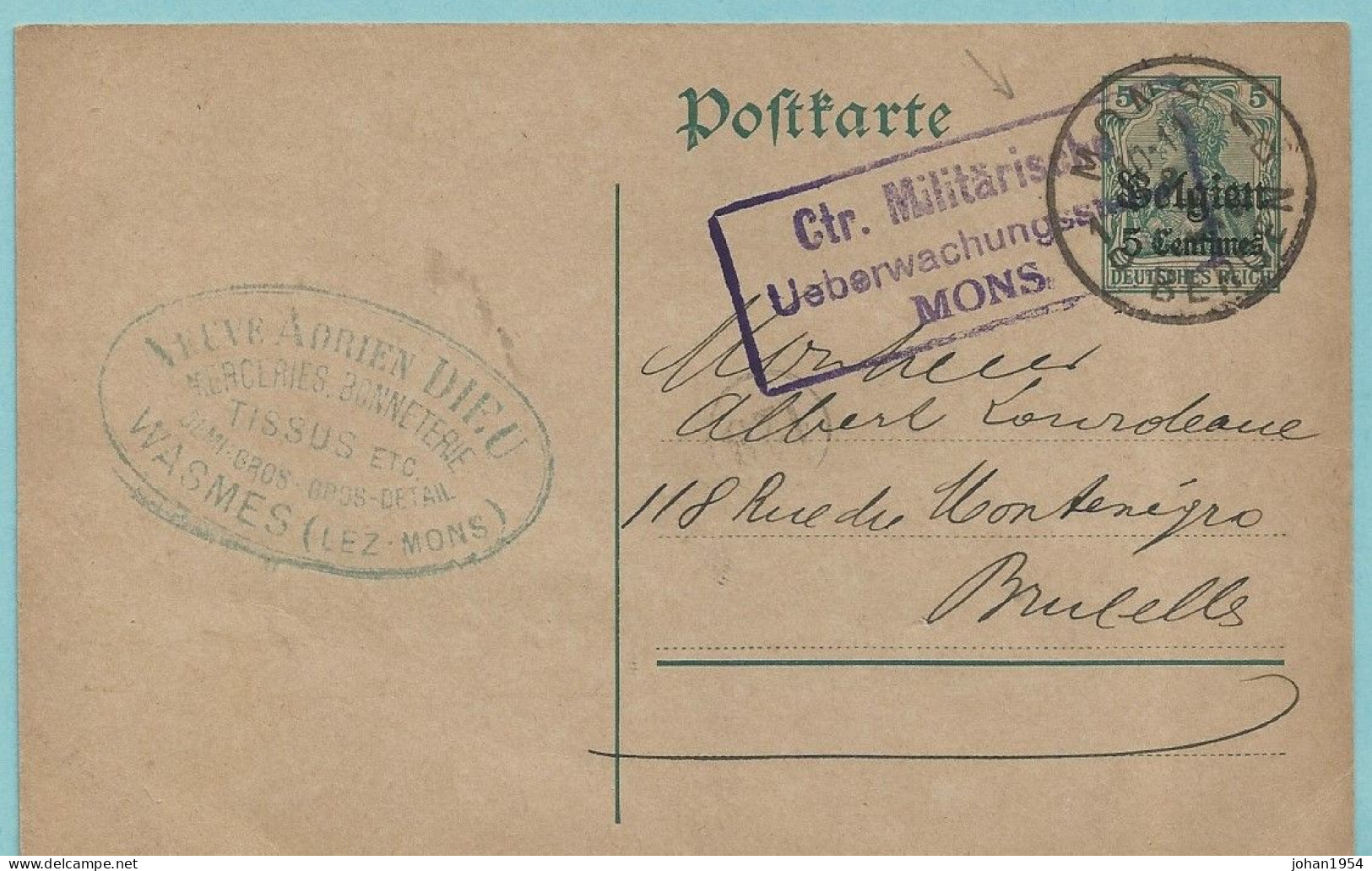 Postkarte 5 Centimes, Afst. MONS / BERGEN 02/10/1915 + Censuur MONS, Afz.: Wasmes - Occupazione Tedesca