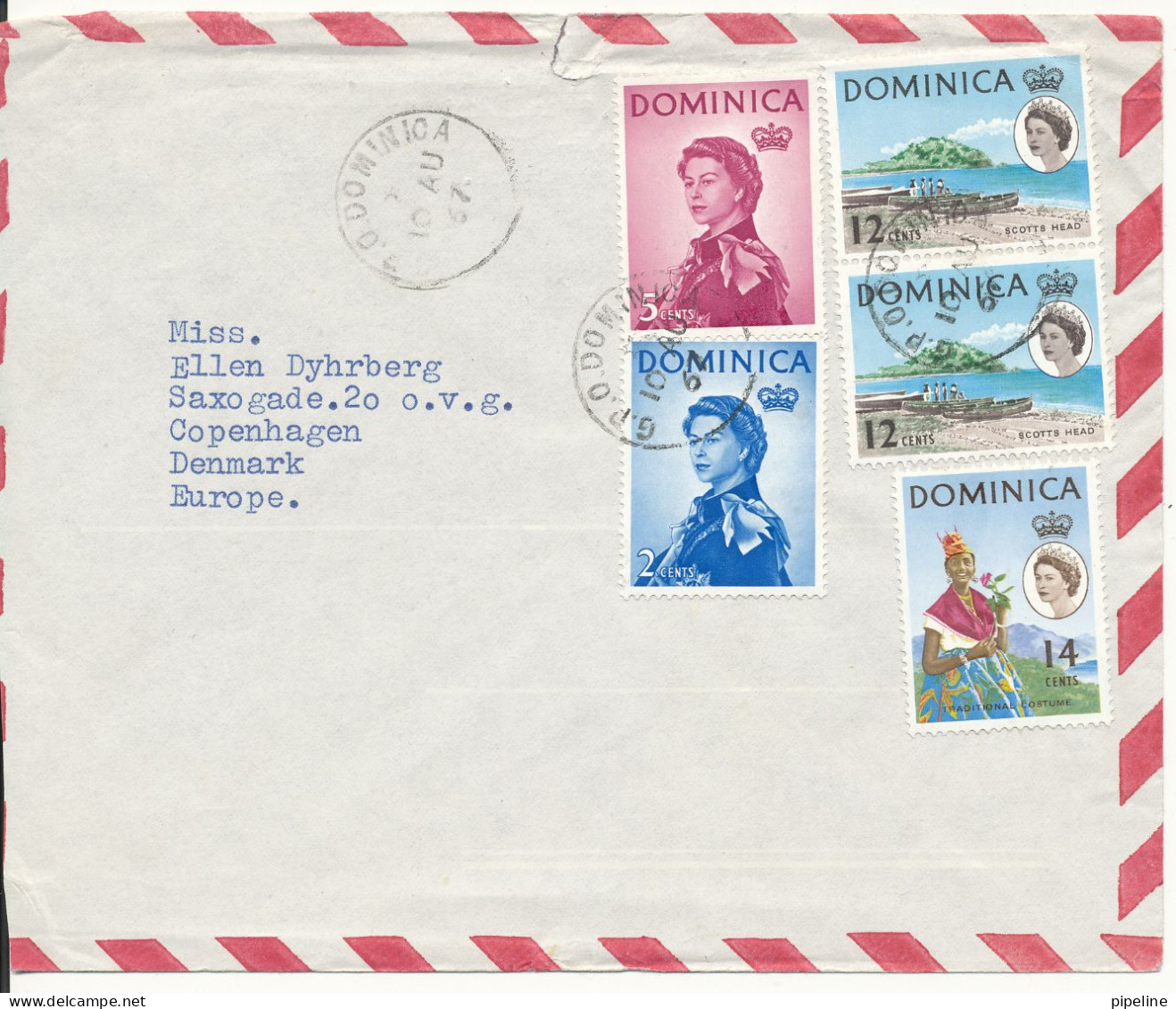Dominica Air Mail Cover Sent To Denmark 10-8-1967 With More Stamps (tear At The Top Of The Cover) - Dominica (...-1978)