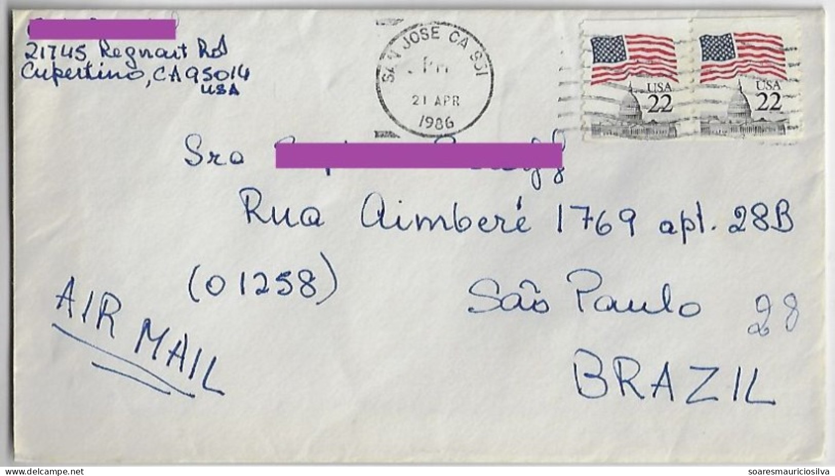 USA United States 1986 Cover From San José To São Paulo Brazil Pair Of Stamp 22 Cts Flag Over Capitol Dome Sorting Marks - Storia Postale
