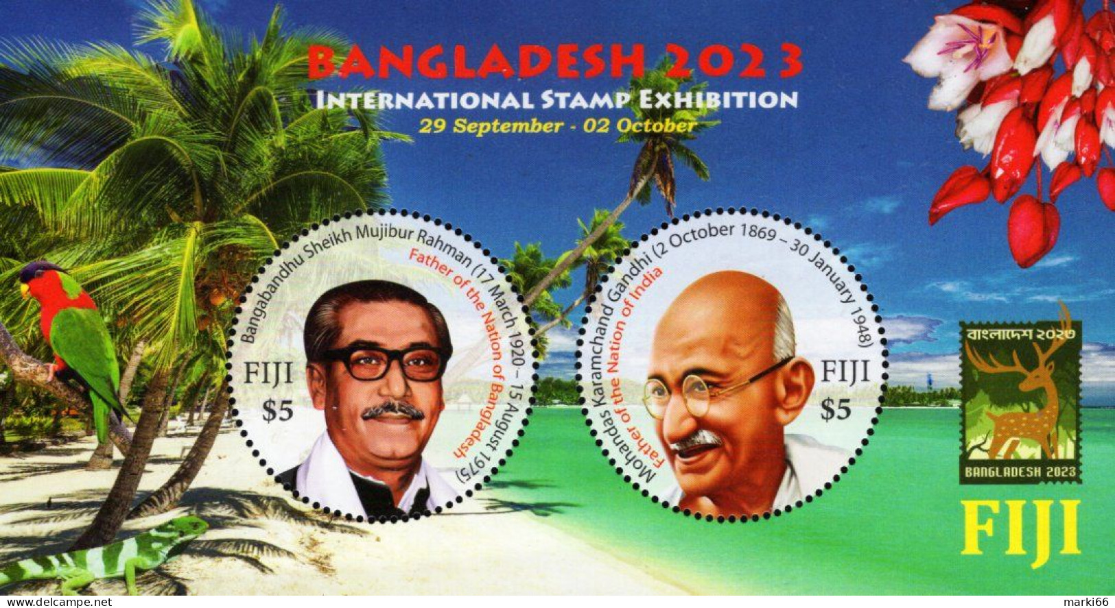 Fiji - 2023 - Bangladesh 2023 Stamp Exhibition - Mujibur Rahman And Mohandas Gandhi - Mint Souvenir Sheet - Fidji (1970-...)