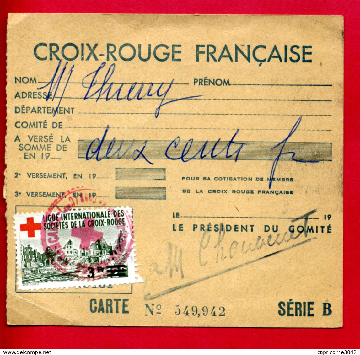 1952 - Carte D'adhérent à La Croix Rouge Française - Timbres De 3fr Pour La Ligue Inter. Des Sociétés De La Croix-Rouge - Croix Rouge