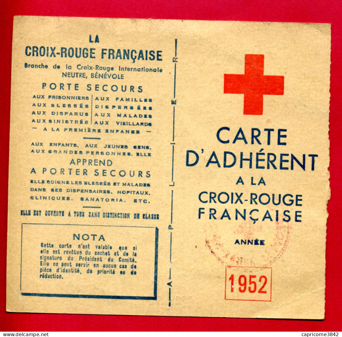 1952 - Carte D'adhérent à La Croix Rouge Française - Timbres De 3fr Pour La Ligue Inter. Des Sociétés De La Croix-Rouge - Rotes Kreuz