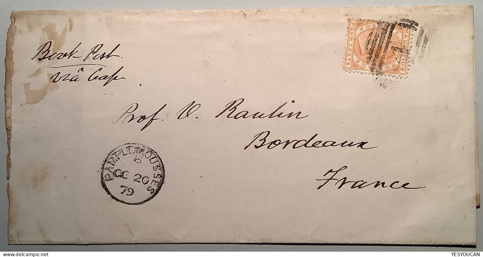 PAMPLEMOUSSE 1879 VERY RARE WRAPPER (printed Matter Franking) 4c To Bordeaux France (Mauritius Lettre Queen Victoria - Mauritius (...-1967)