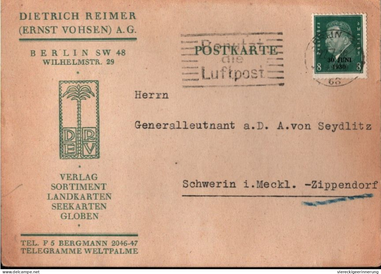 ! Deutsches Reich 1930 Postkarte Aus Berlin Nach Schwerin Zippendorf An Generalleutnant Alexander Von Seydlitz-Kurzbach - Covers & Documents