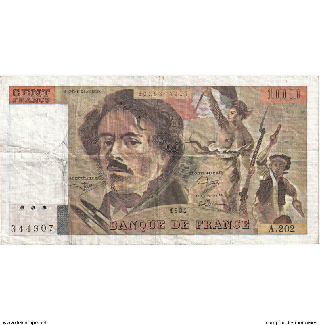 France, 100 Francs, Delacroix, 1991, A.202, TB, Fayette:69bis.3c1, KM:154e - 100 F 1978-1995 ''Delacroix''