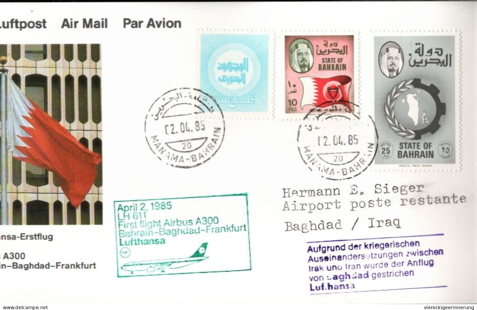 ! Lot Of 3 Airmail Printed Matters, 1985-1987, Luftpostbelege, Bahrain, Manama, Lufthansa Erstflugbelege - Bahreïn (1965-...)