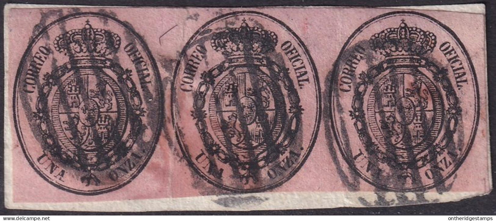 Spain 1855 Sc O6 España Ed 36 Official Strip Of 3 Used On Piece Grill (parrilla) Cancels - Servicios