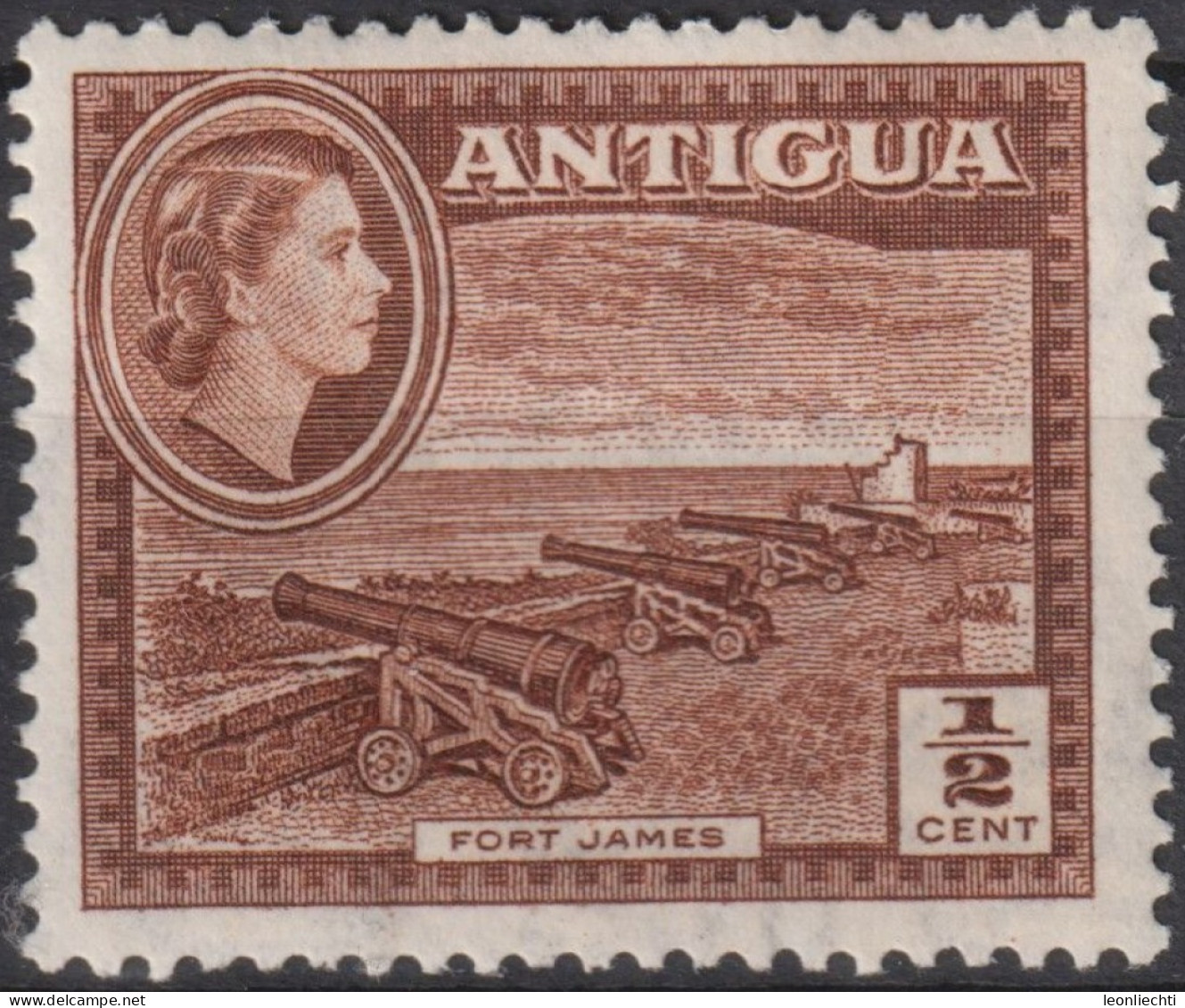 1956 Antigua & Barbuda Kronenkolonie ** Mi:AG 101, Sn:AG 107, Yt:AG 103A, Fort James,  Queen Elizabeth II - 1858-1960 Colonia Británica