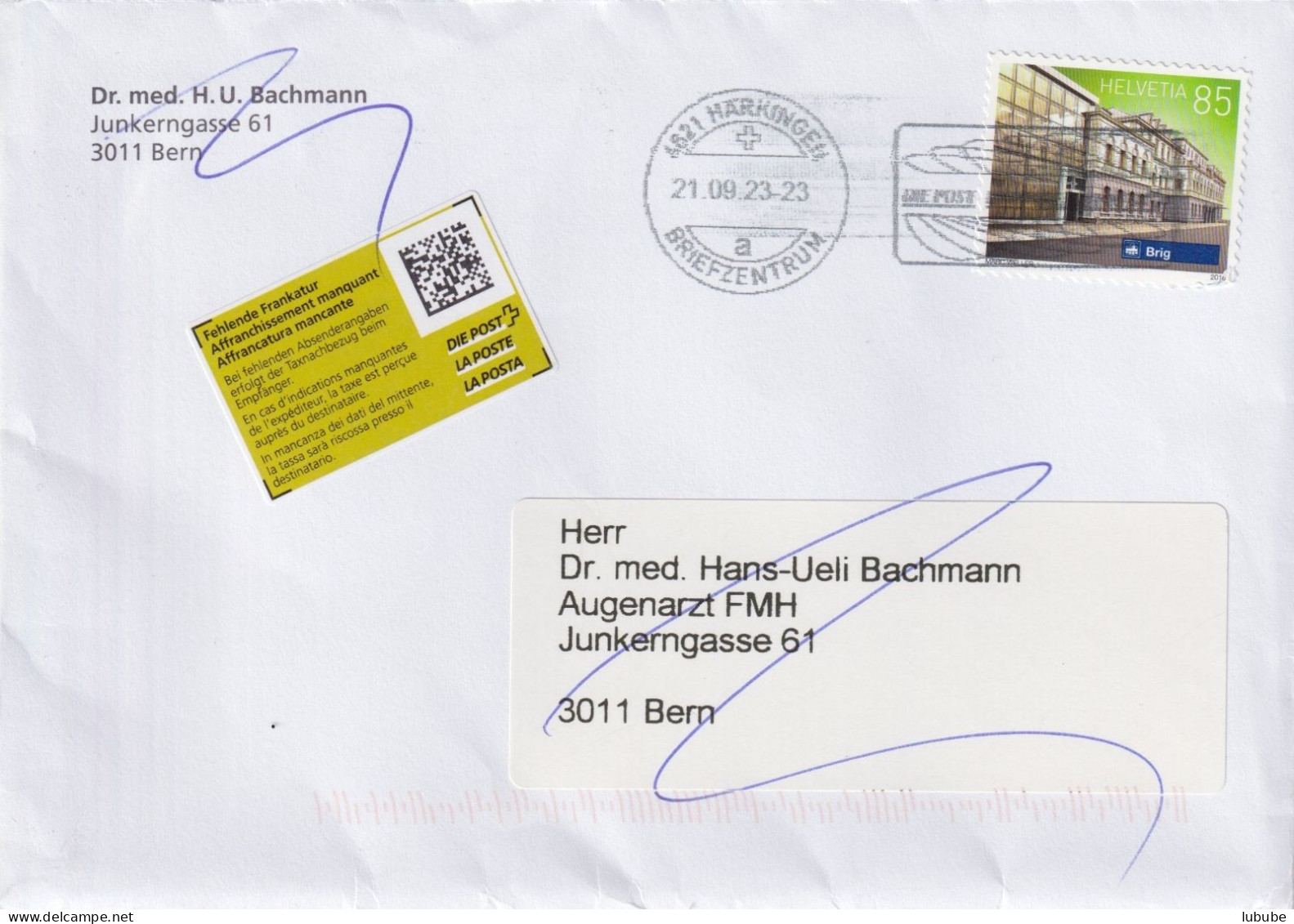 Brief  Bern - Härkingen - Bern  (Fehlende Frankatur)        2023 - Storia Postale