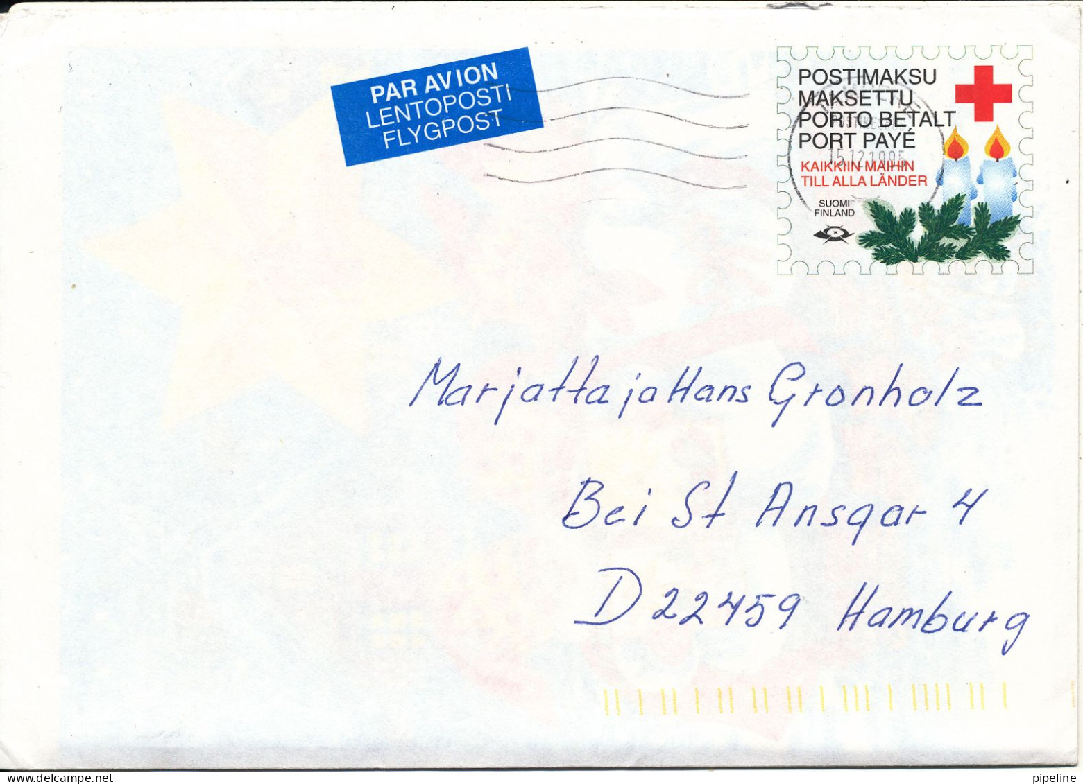 Finland Postal Stationery Red Cross Christmas Cover Sent To Germany 15-12-1995 - Entiers Postaux