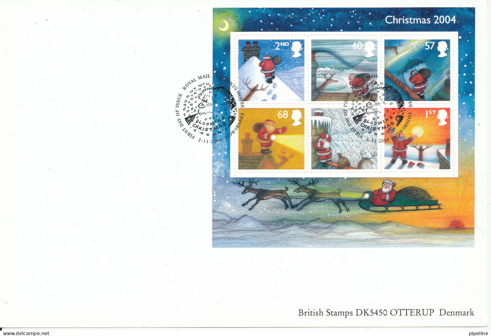 Great Britain FDC (card) 2-11-2004 Minisheet Christmas Sent To Denmark - 2001-2010 Dezimalausgaben