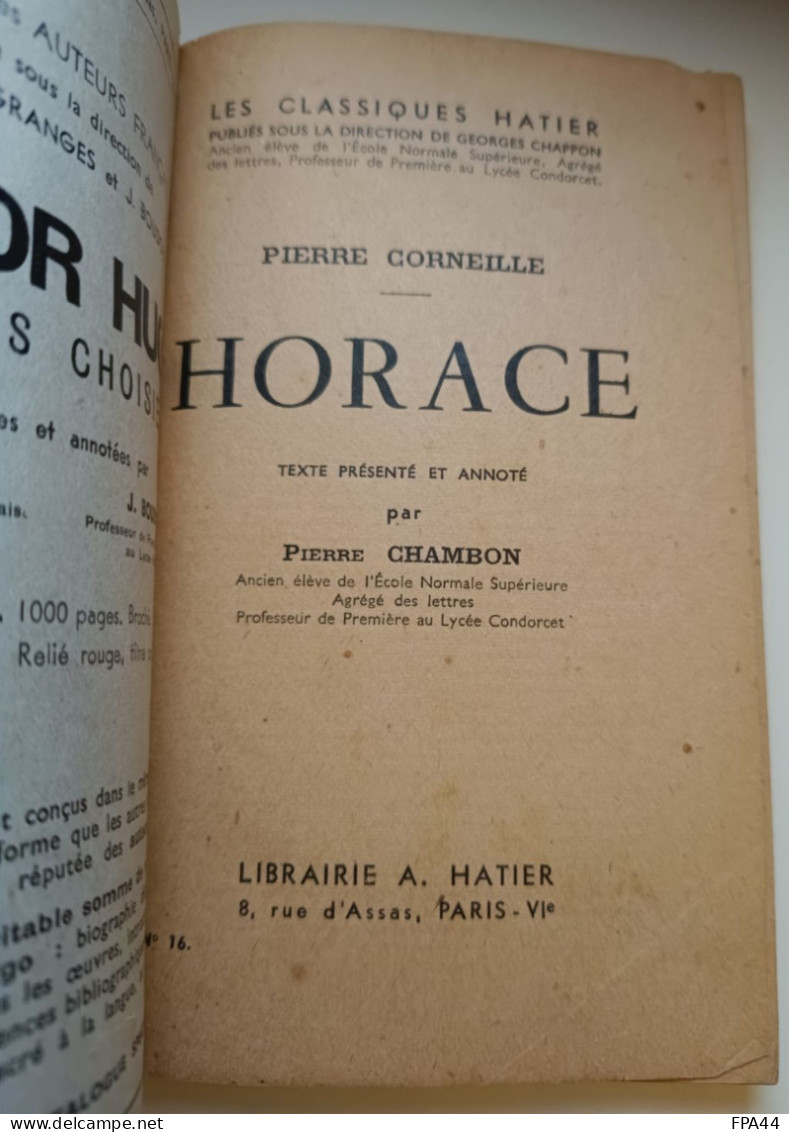 HORACE   CORNEILLE  LES CLASSIQUES HATIERS N° 16 1950 - Franse Schrijvers