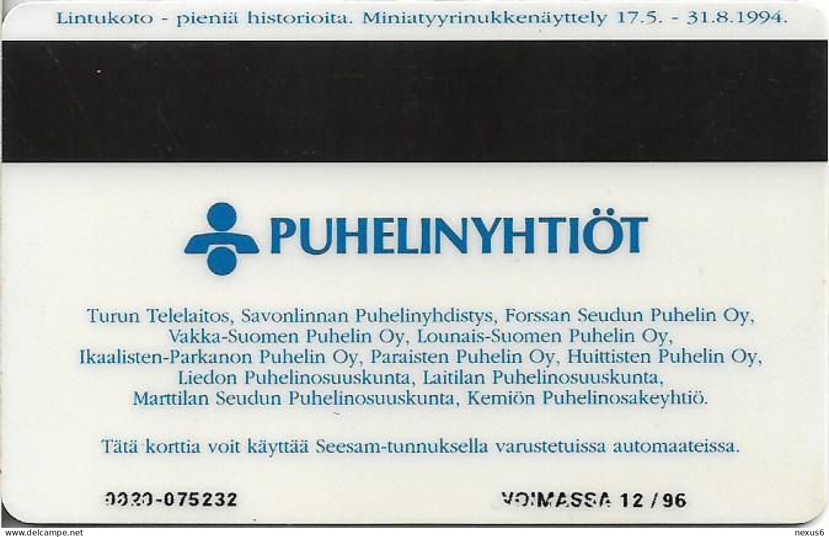 Finland - Turku (Magnetic) - D76A - Lintukoto, Cn.0020, Exp.12.1996, 30Mk, 5.500ex, Used - Finlande