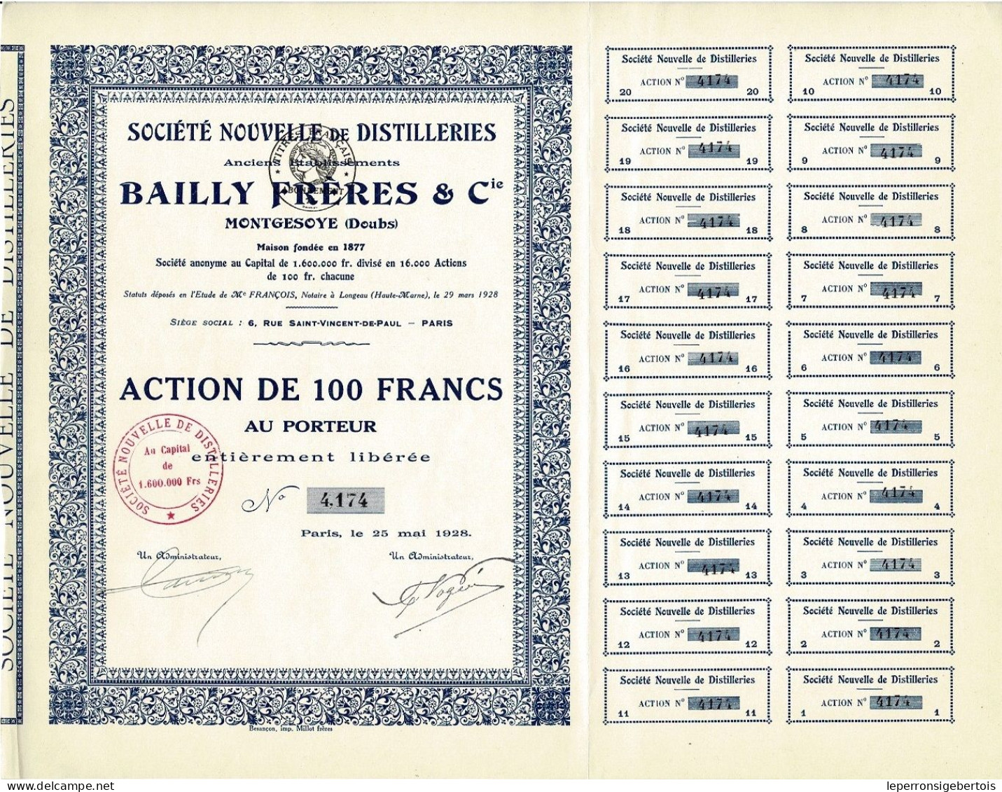 Titre De 1928 - Sté Nouvelle De Distilleries - Anciens Etablissements Bailly Frères & Cie à Montgesoye - EF - Russie