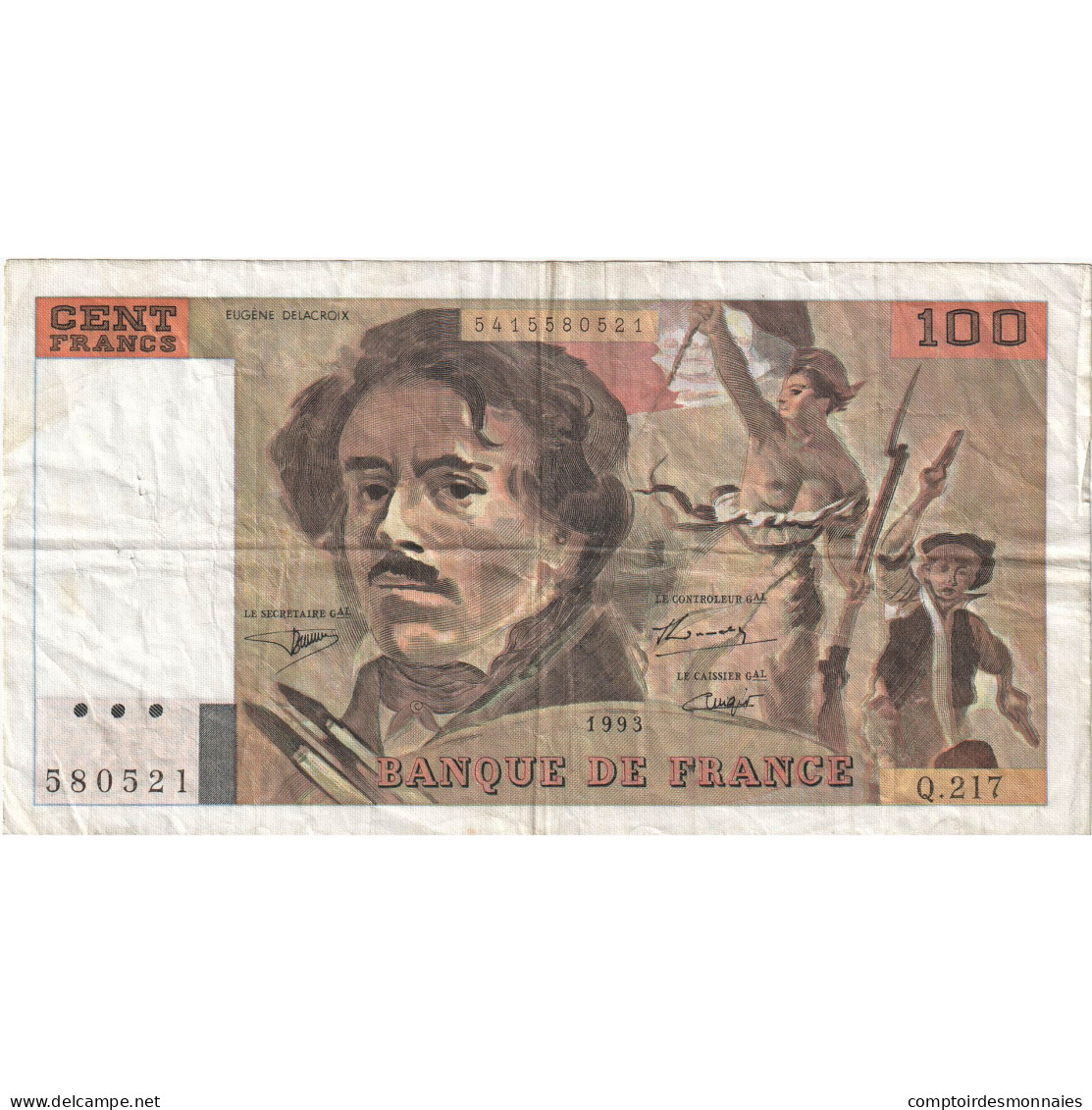 France, 100 Francs, Delacroix, 1993, Q.217, TB+, Fayette:69bis.05, KM:154g - 100 F 1978-1995 ''Delacroix''