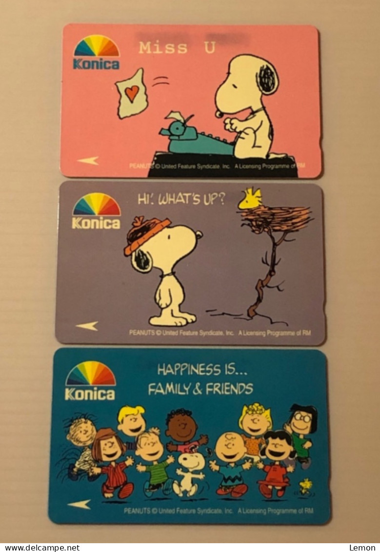 Singapore Telecom Singtel GPT Phonecard, KONICA - Snoopy & Peanuts, Set Of 3 Used Cards - Singapour