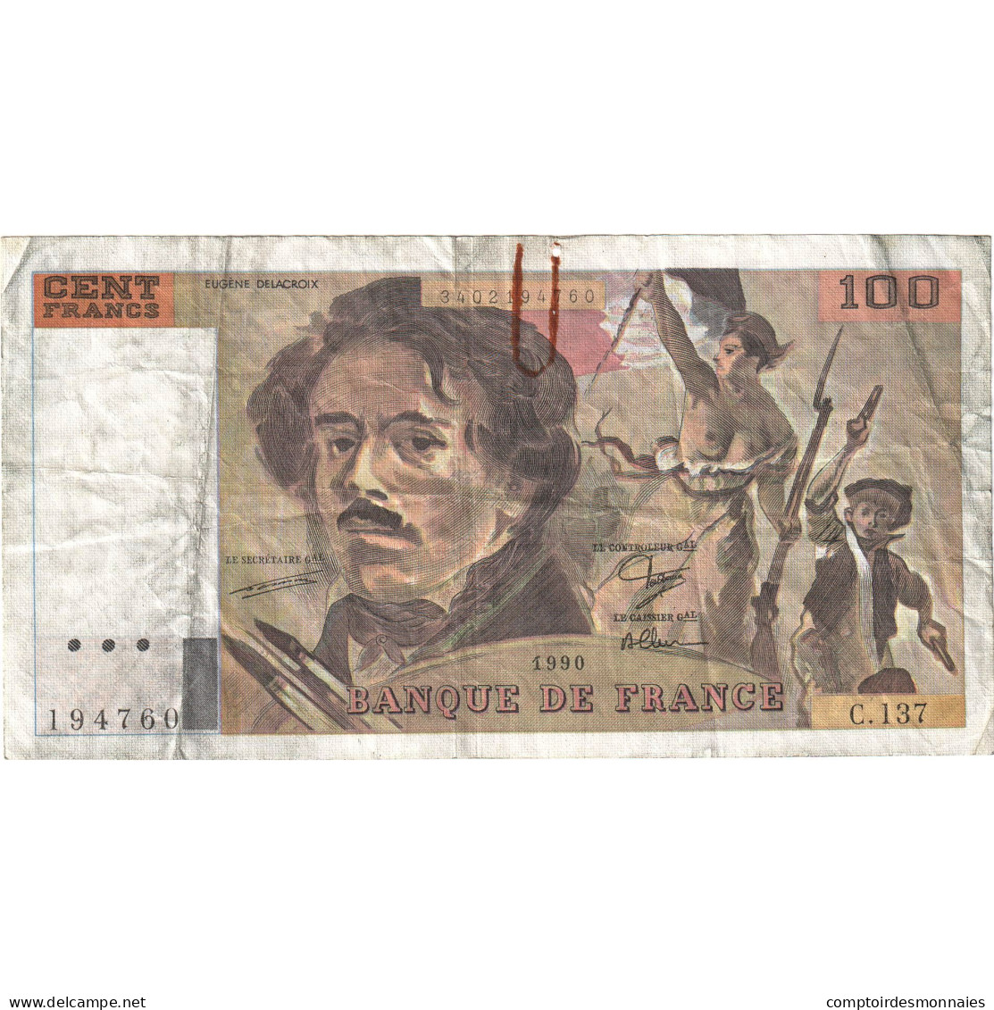France, 100 Francs, Delacroix, 1990, C.137, B+, Fayette:69bis.1a, KM:154d - 100 F 1978-1995 ''Delacroix''