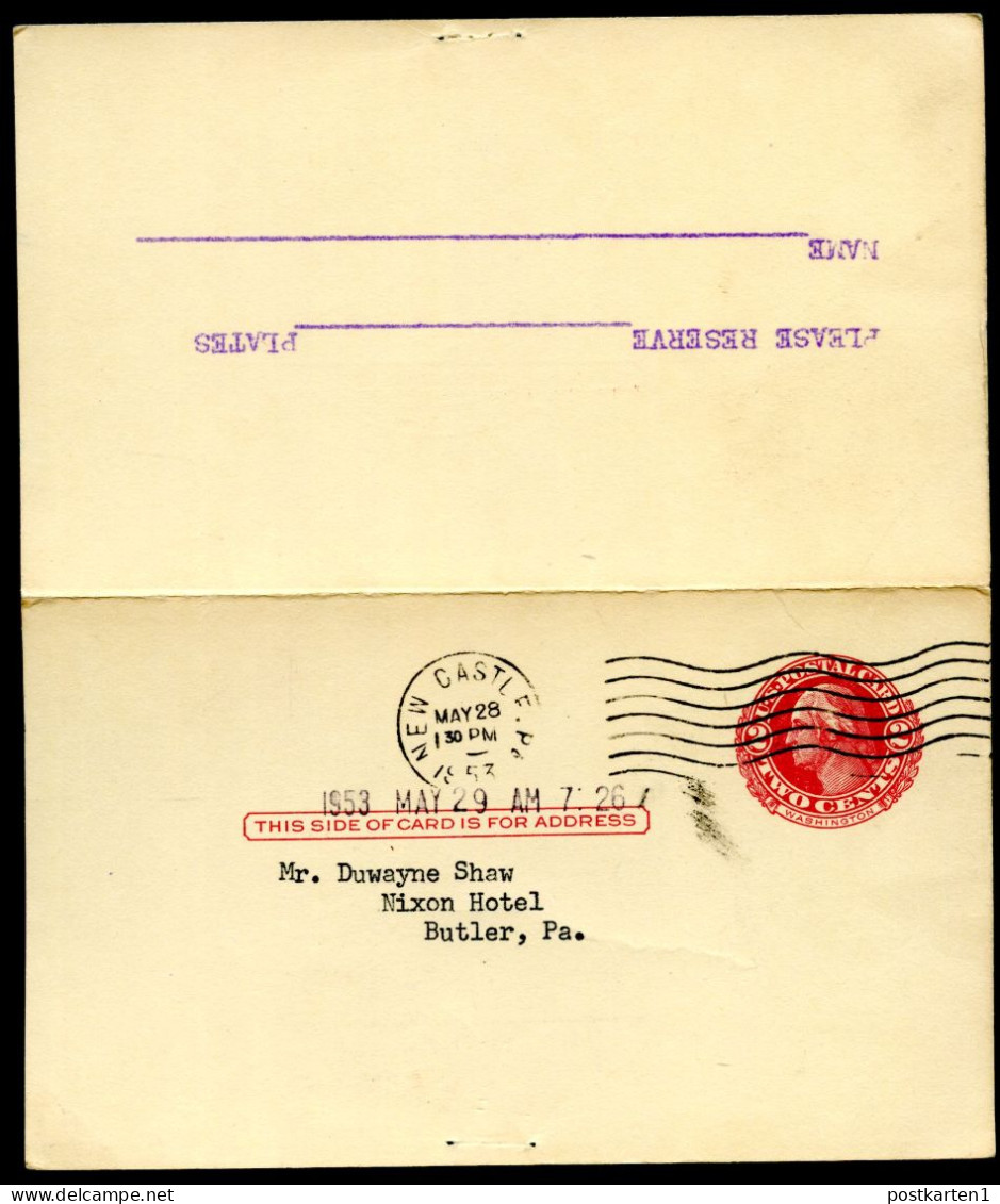 UY13 Type 1 Electrotype Postal Card With Reply New Castle PA - Butler PA 1953 - 1941-60