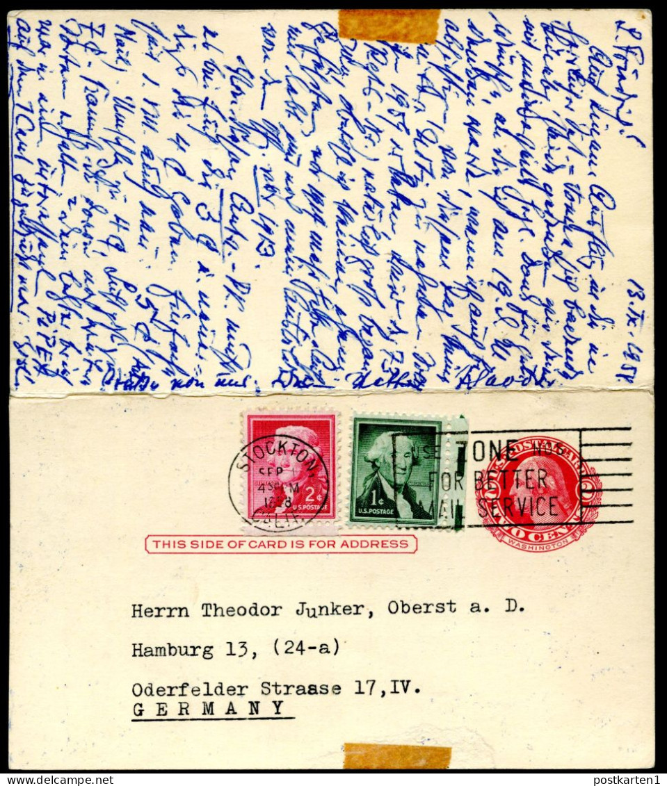 UY13 Type 2 Steel Plate Postal Card With Reply Stockton CA To GERMANY 1958 - 1941-60