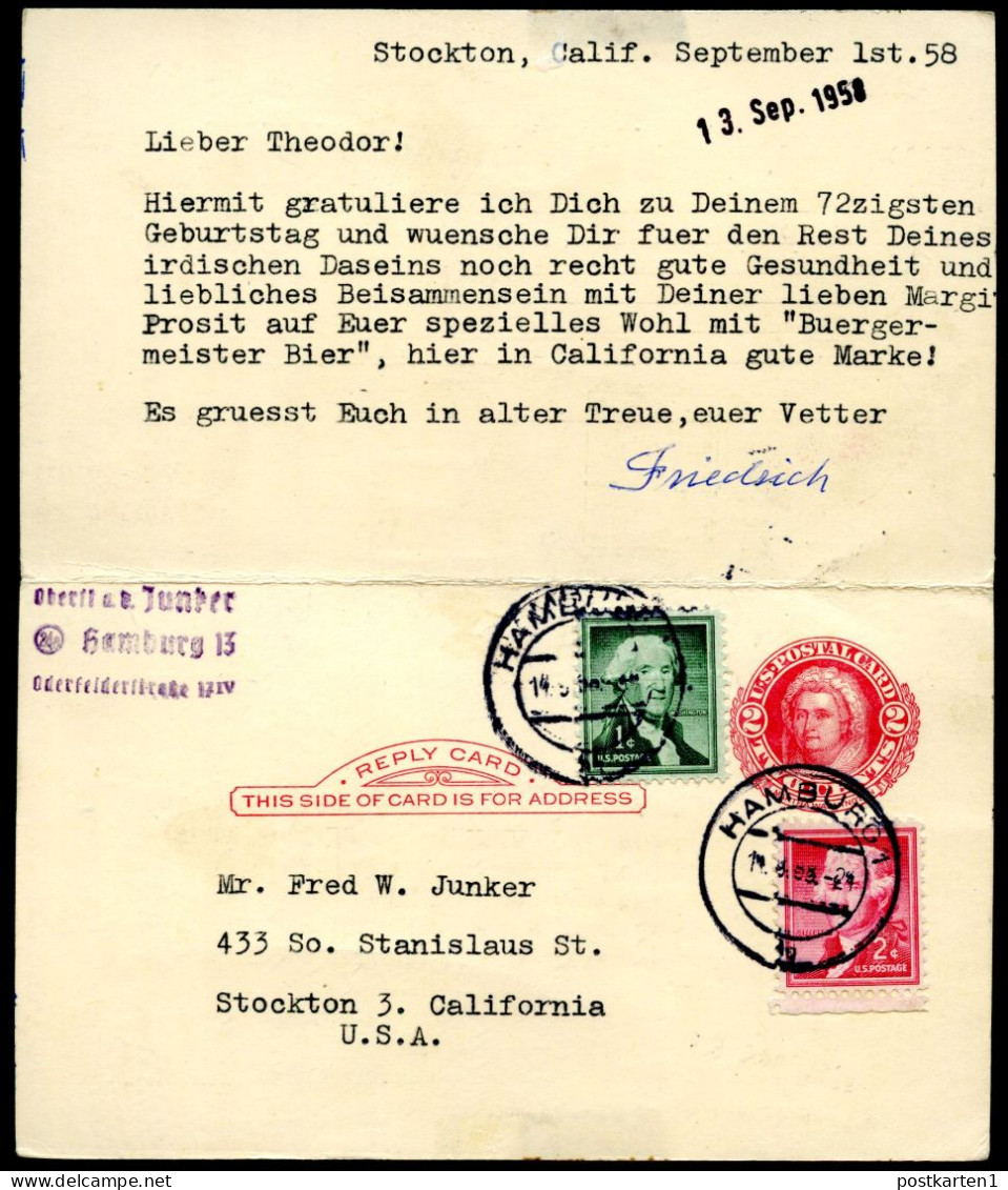 UY13 Type 2 Steel Plate Postal Card With Reply Stockton CA To GERMANY 1958 - 1941-60