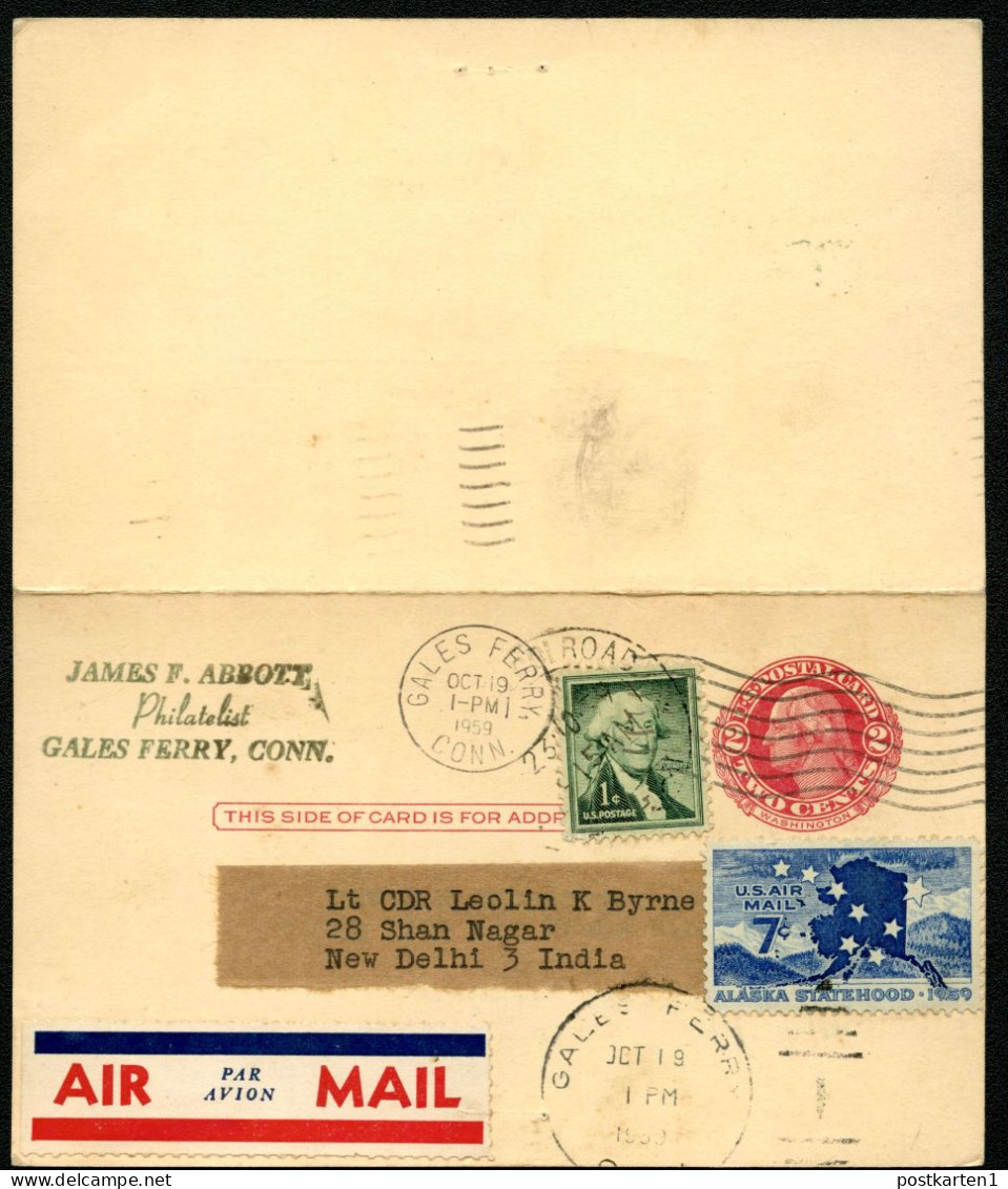 UY13 Type 2 Steel Plate Postal Card With Reply Gales Ferry CT - INDIA 1959 - 1941-60