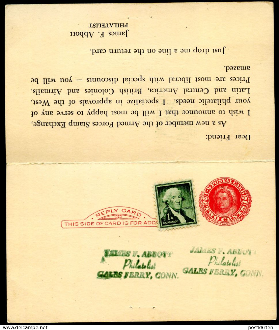 UY13 Type 2 Steel Plate Postal Card With Reply Gales Ferry CT - INDIA 1959 - 1941-60